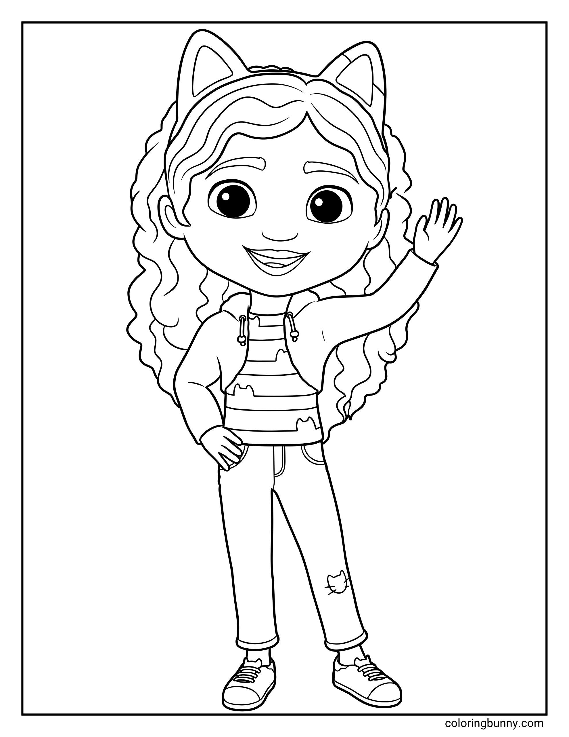 Simple Gabby’s Dollhouse coloring page showing Gabby standing and waving, with curly hair, a cat-ear headband, striped shirt, hoodie, jeans, and sneakers.