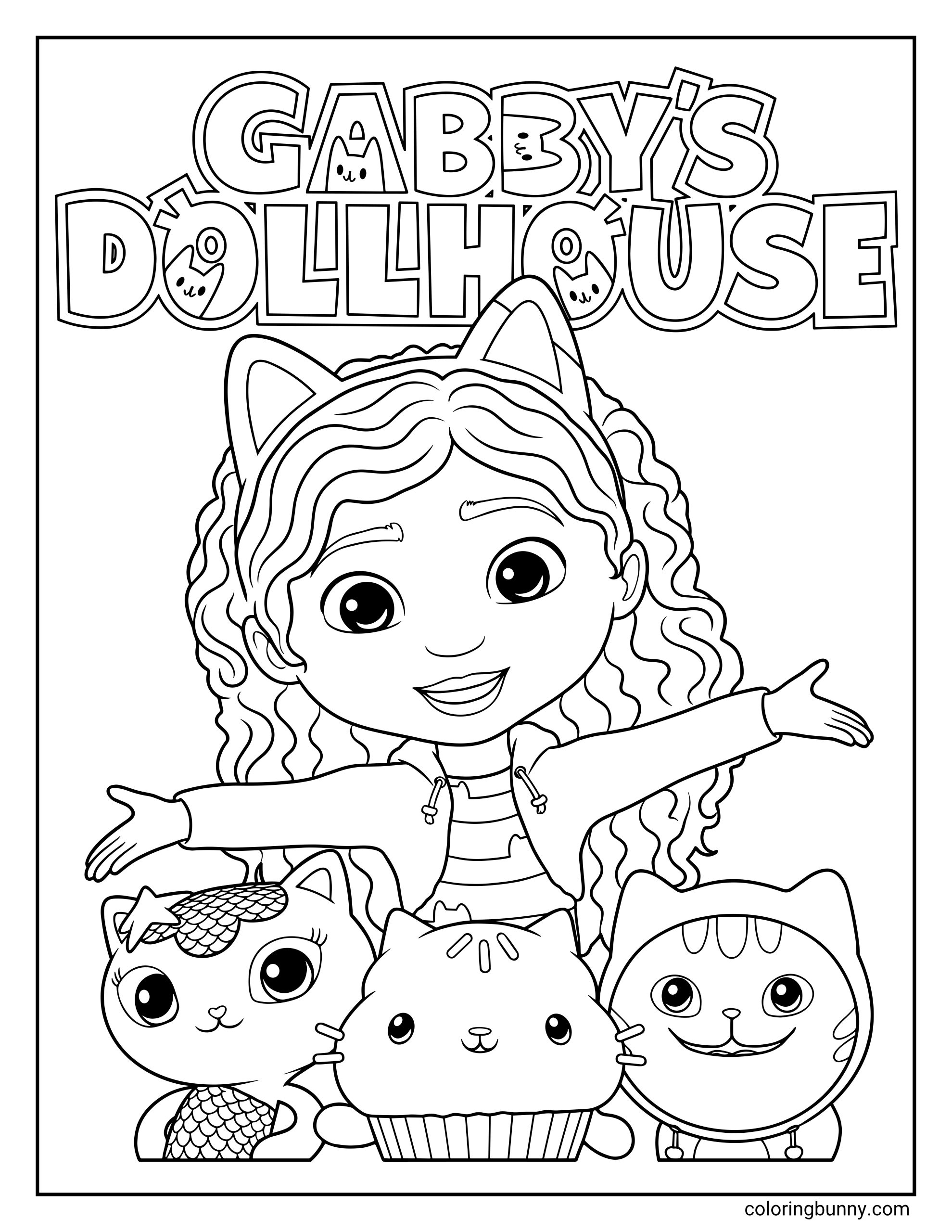 A coloring page of Gabby from Gabby’s Dollhouse standing with arms wide open, smiling above her cat friends including MerCat, Cakey Cat, and Pandy Paws in a cheerful group scene.