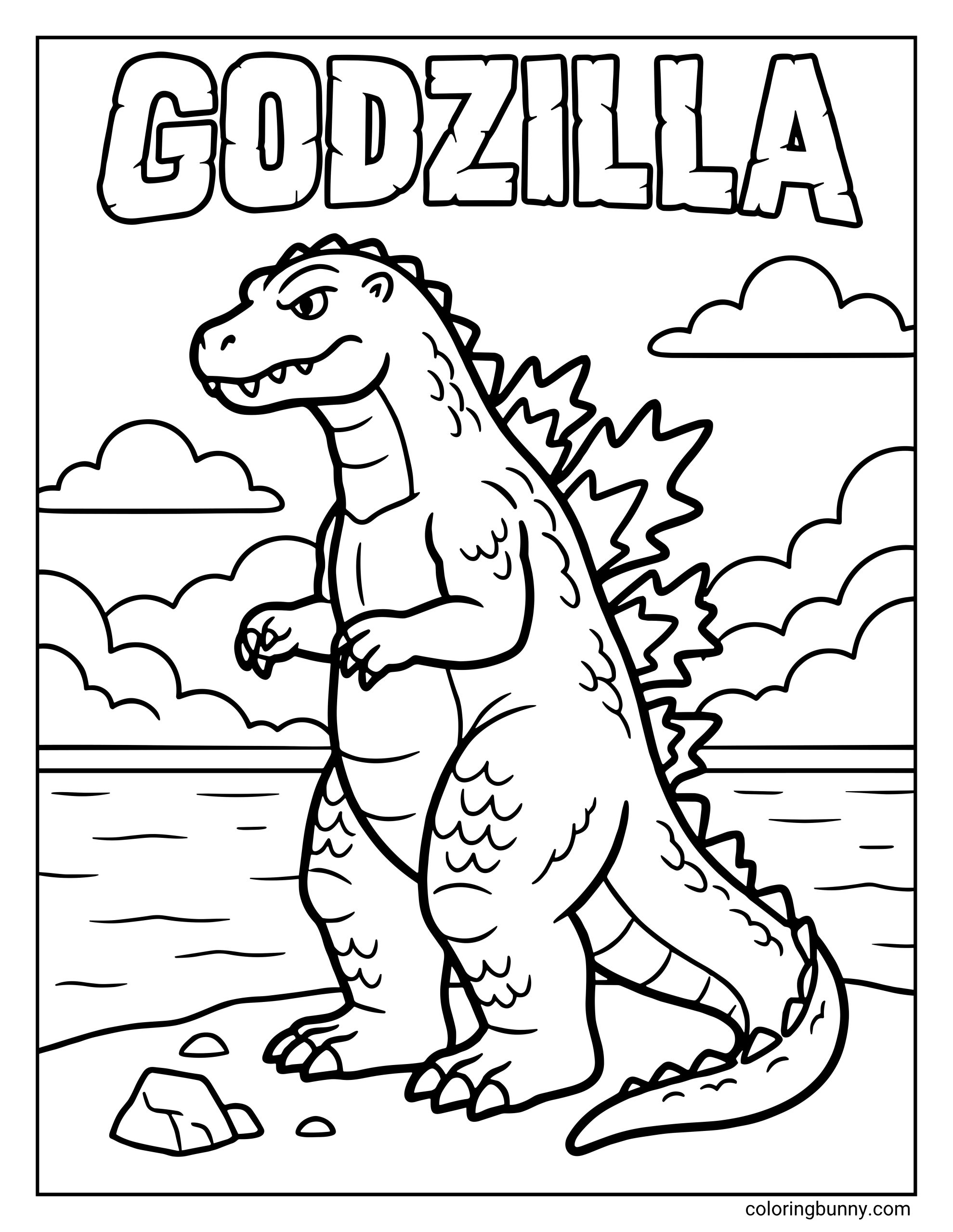 A simple coloring page of Godzilla standing on a shoreline with his name written in large, blocky letters at the top. There is a clear view of his scales and dorsal plates with a calm ocean background.