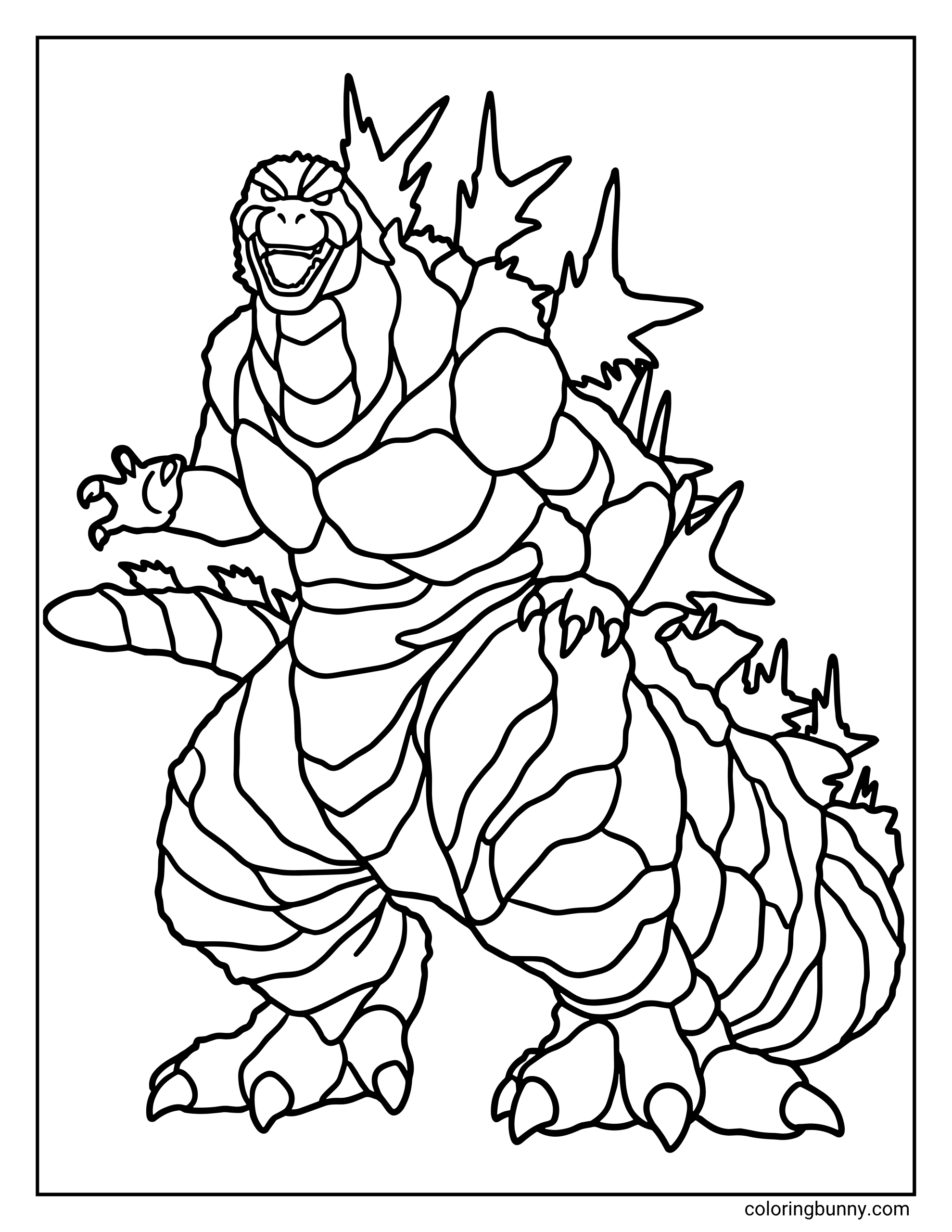 A simple coloring page of Godzilla standing tall with a wide-open mouth, jagged dorsal plates and segmented body details.