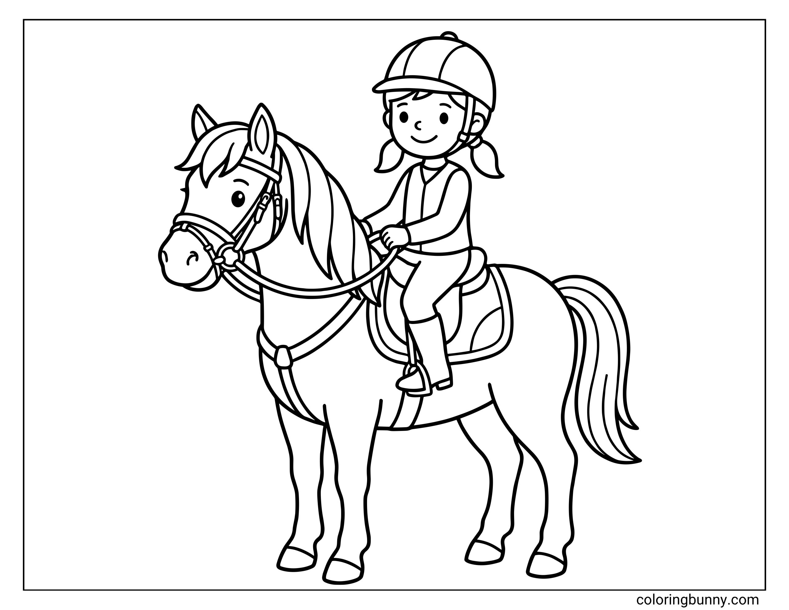 Easy pony coloring page depicting a basic pony and rider illustration, with a helmeted child sitting comfortably on a saddled horse in a simple, uncluttered design.