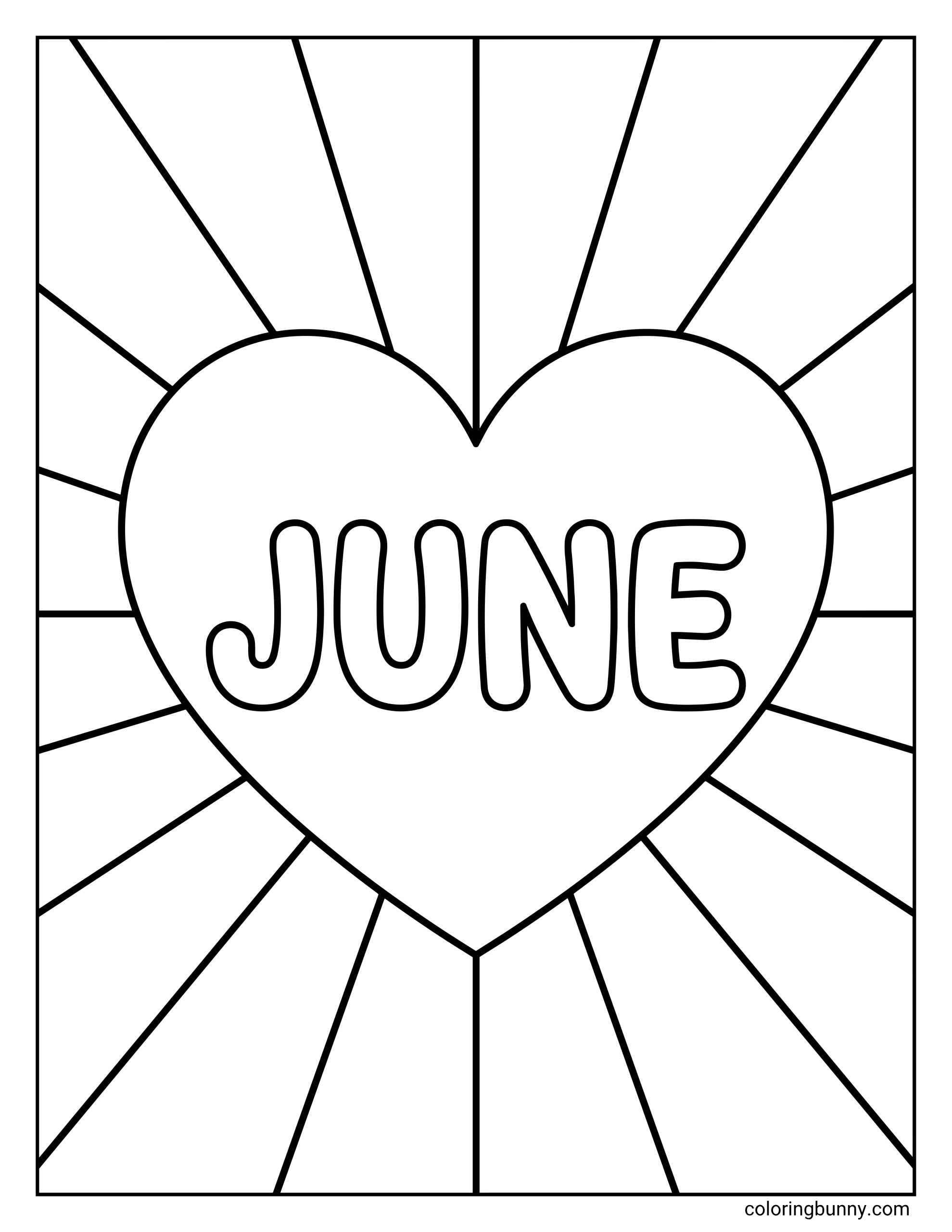 June coloring page featuring the word JUNE inside a large central heart with bold sunburst lines radiating outward.
