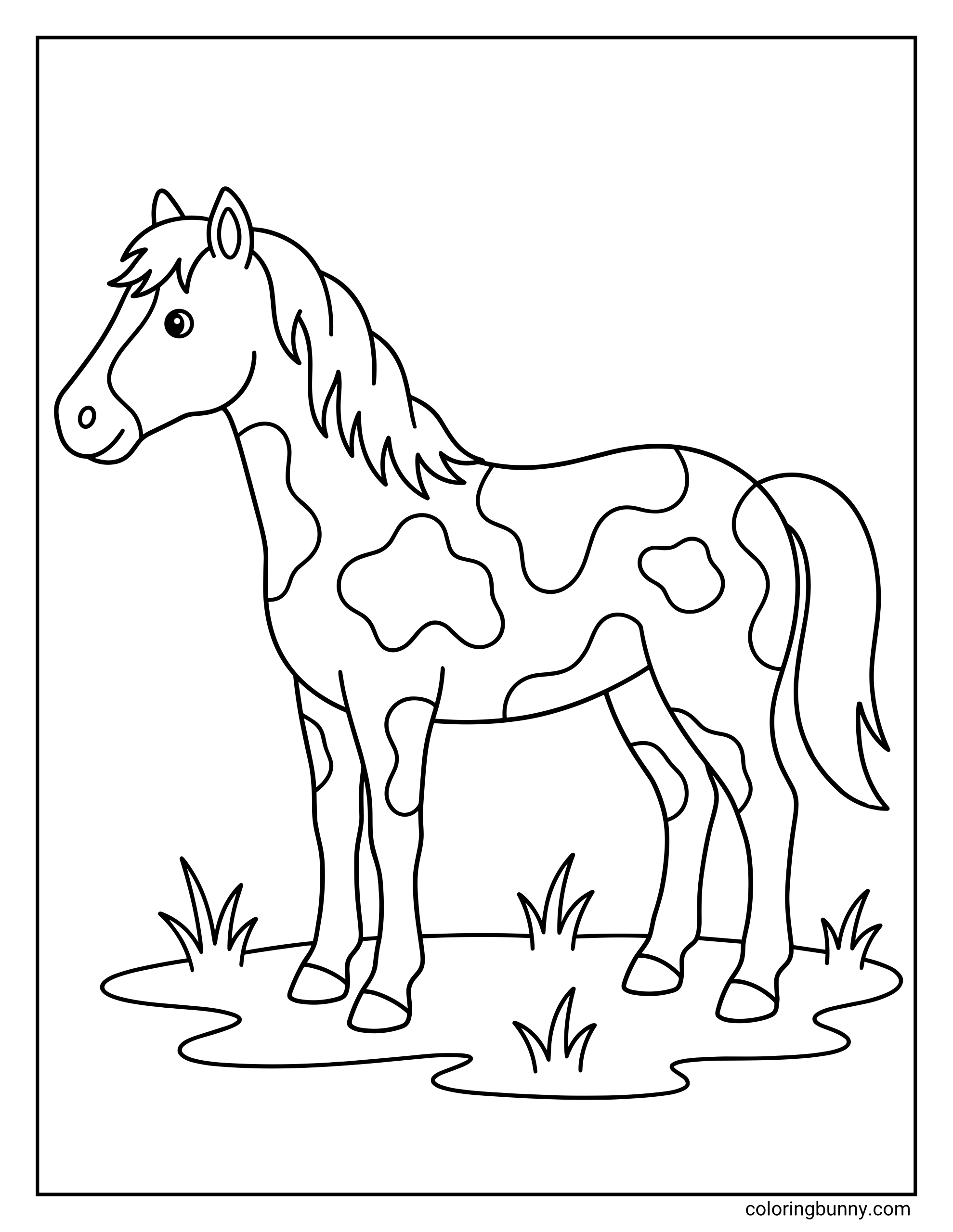 Coloring page of a simple cartoon horse with large patches on its coat, standing proudly in a small grassy area.