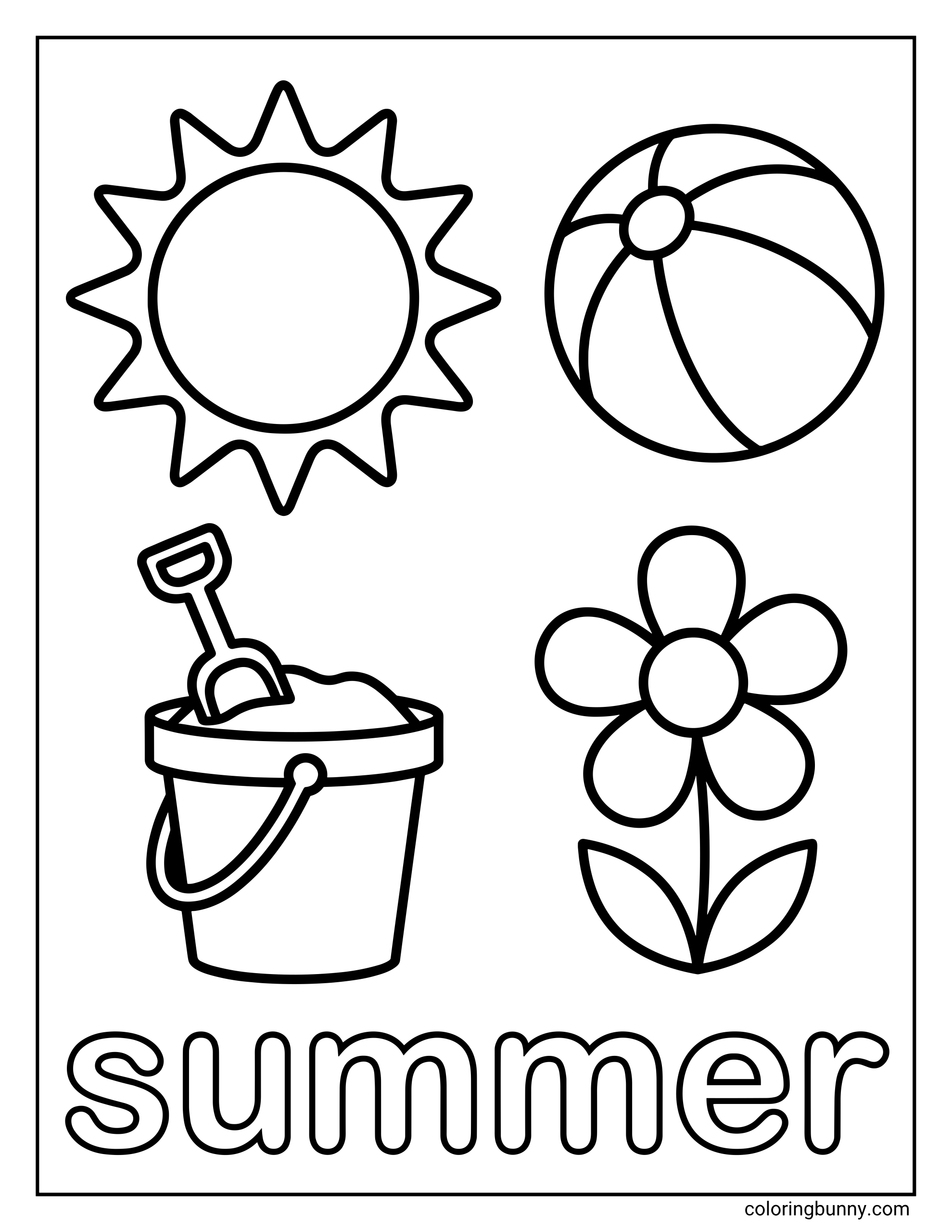 Easy summer coloring page for toddlers with a sun, beach ball, sand bucket with shovel, and flower above the word 'summer'.