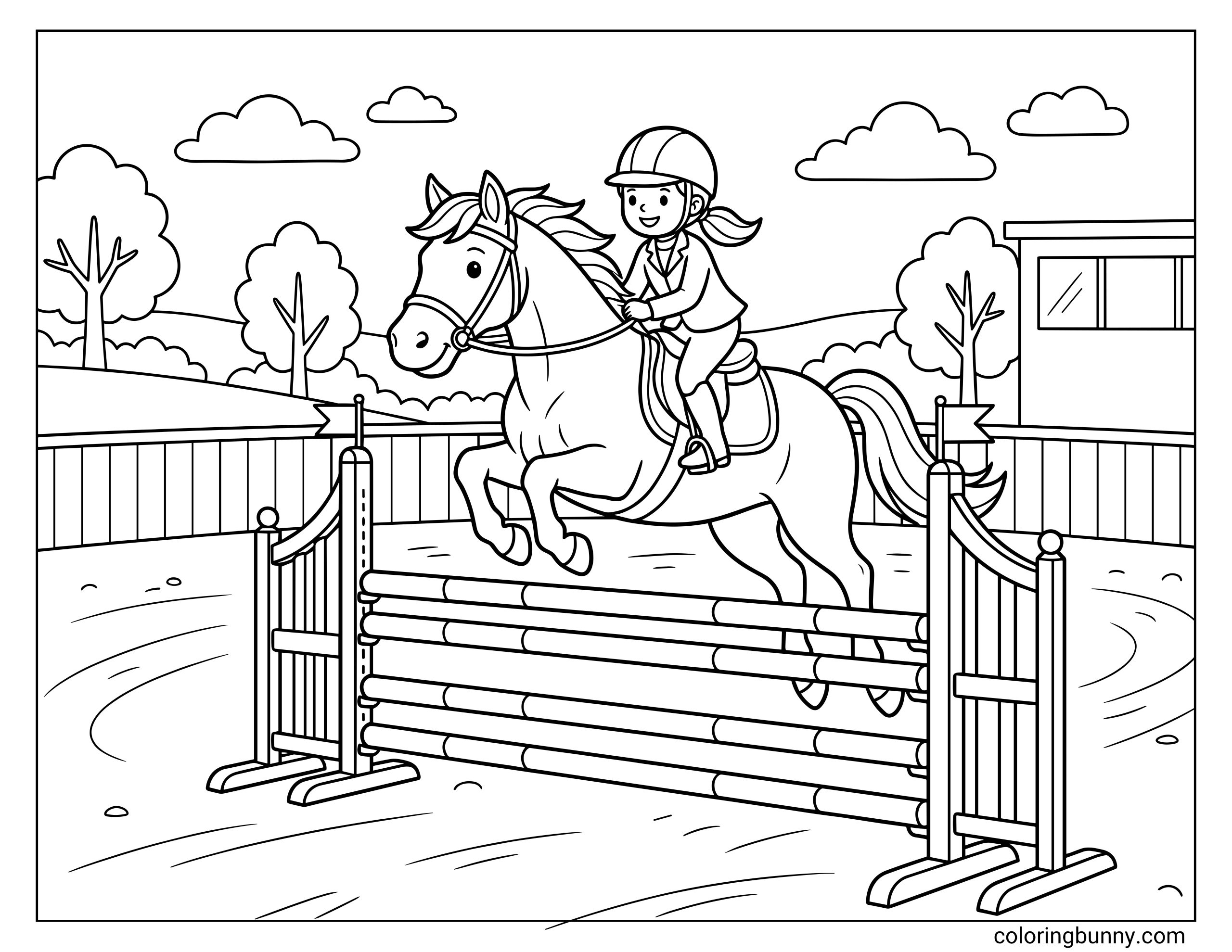 Horse coloring page showing a young rider guiding a horse over a jump in an arena, with fencing, trees, and a small building in the background.