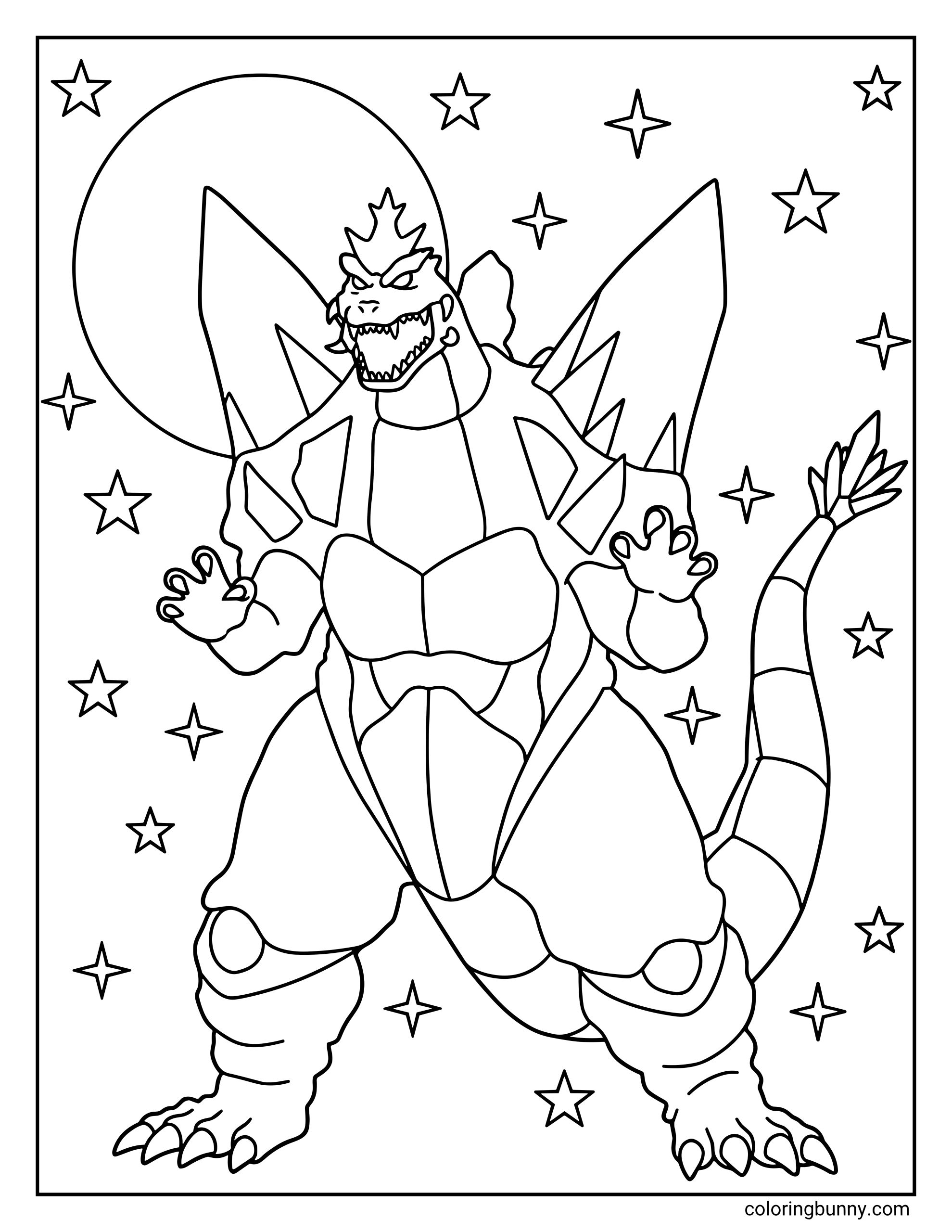 A Godzilla coloring page featuring Space Godzilla standing in front of a giant moon and a sky full of stars. This simple design shows his unique crystal-like dorsal fins and spiked tail.