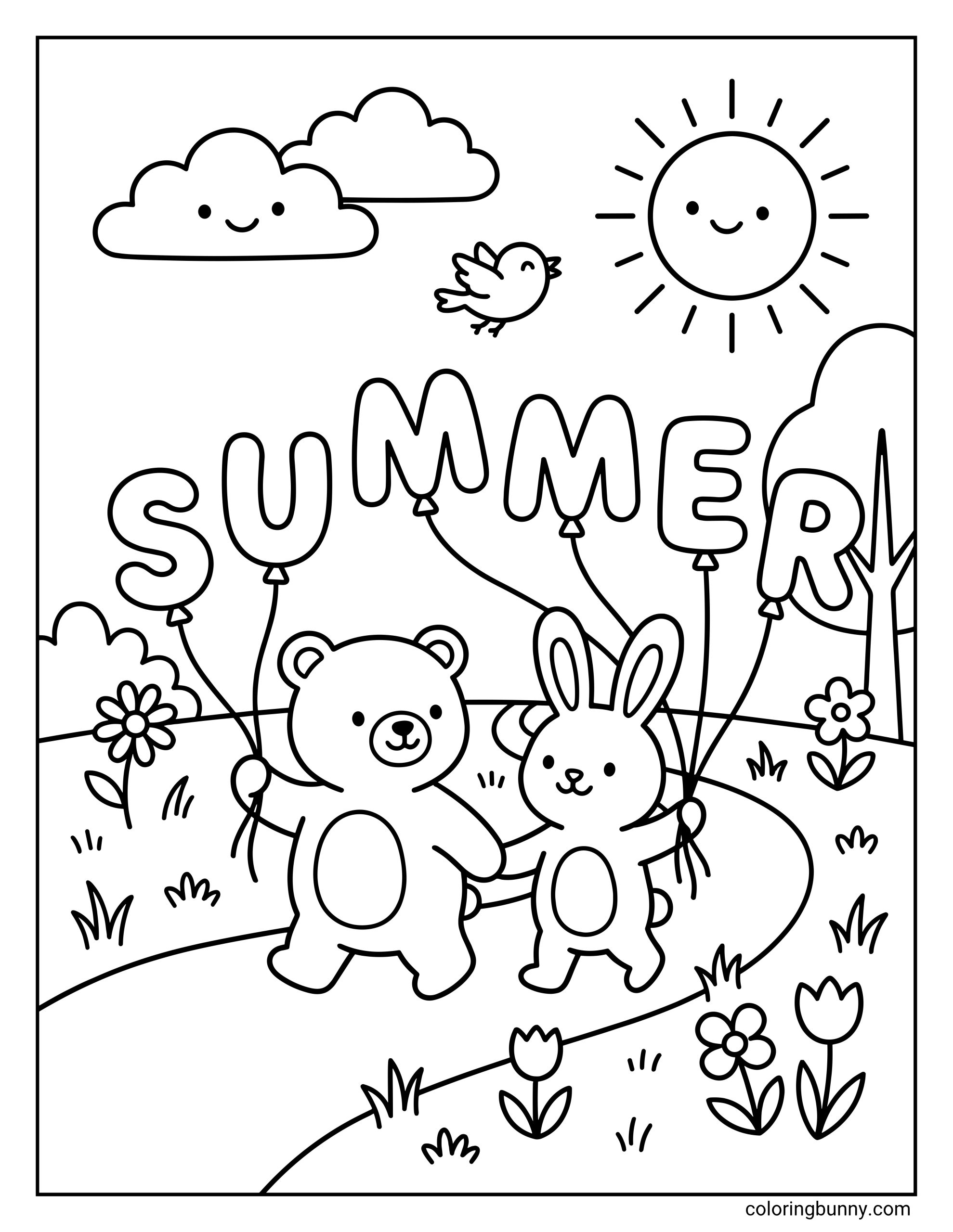 Summer coloring page featuring a bear and bunny holding hands on a path with balloons that spell 'SUMMER', a smiling sun, and a smiling cloud.