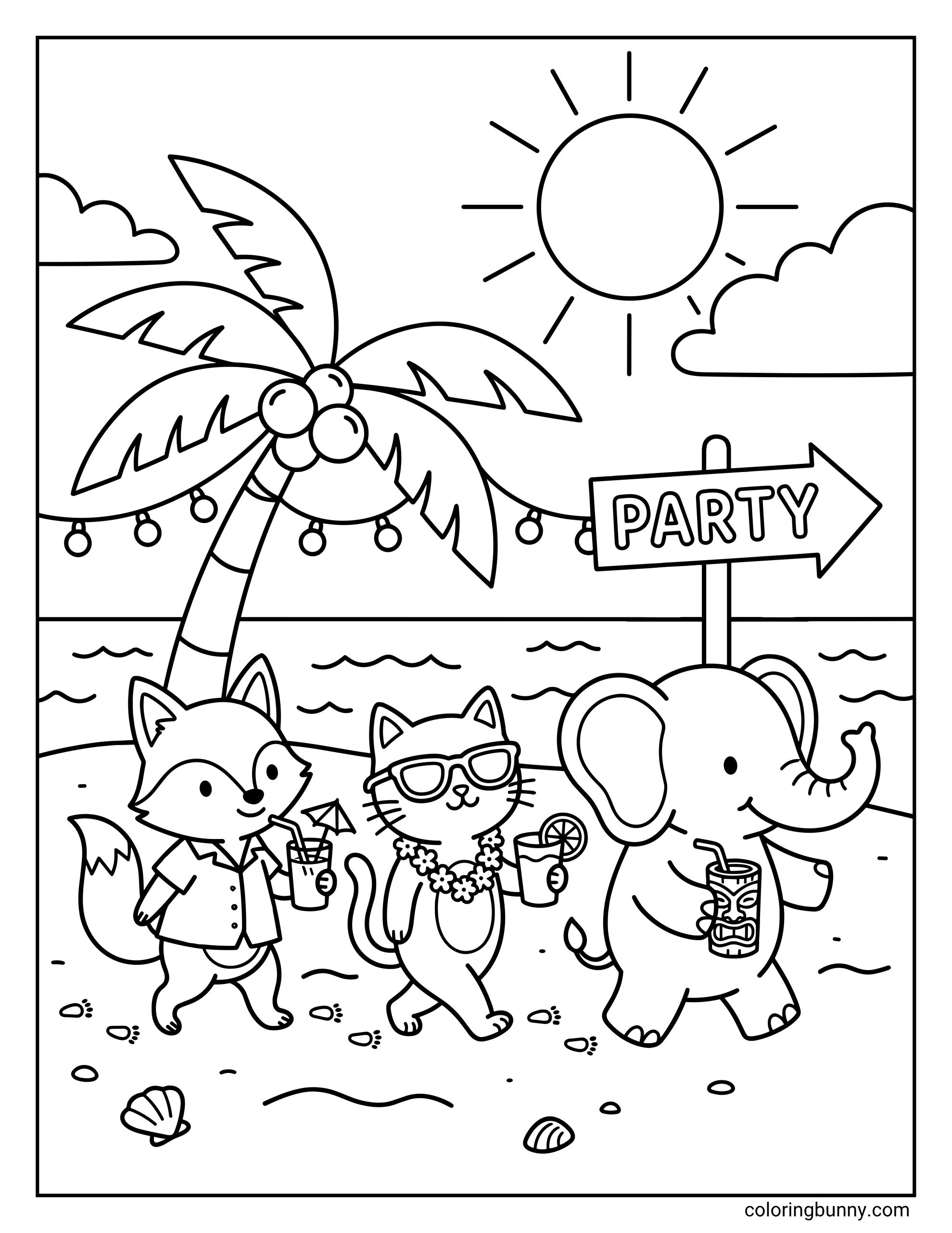 Summer Beach Party coloring page with a fox, cat, and elephant walking on the beach holding drinks, beneath a palm tree and a sign that says “PARTY,” with ocean waves, clouds, and a bright sun.