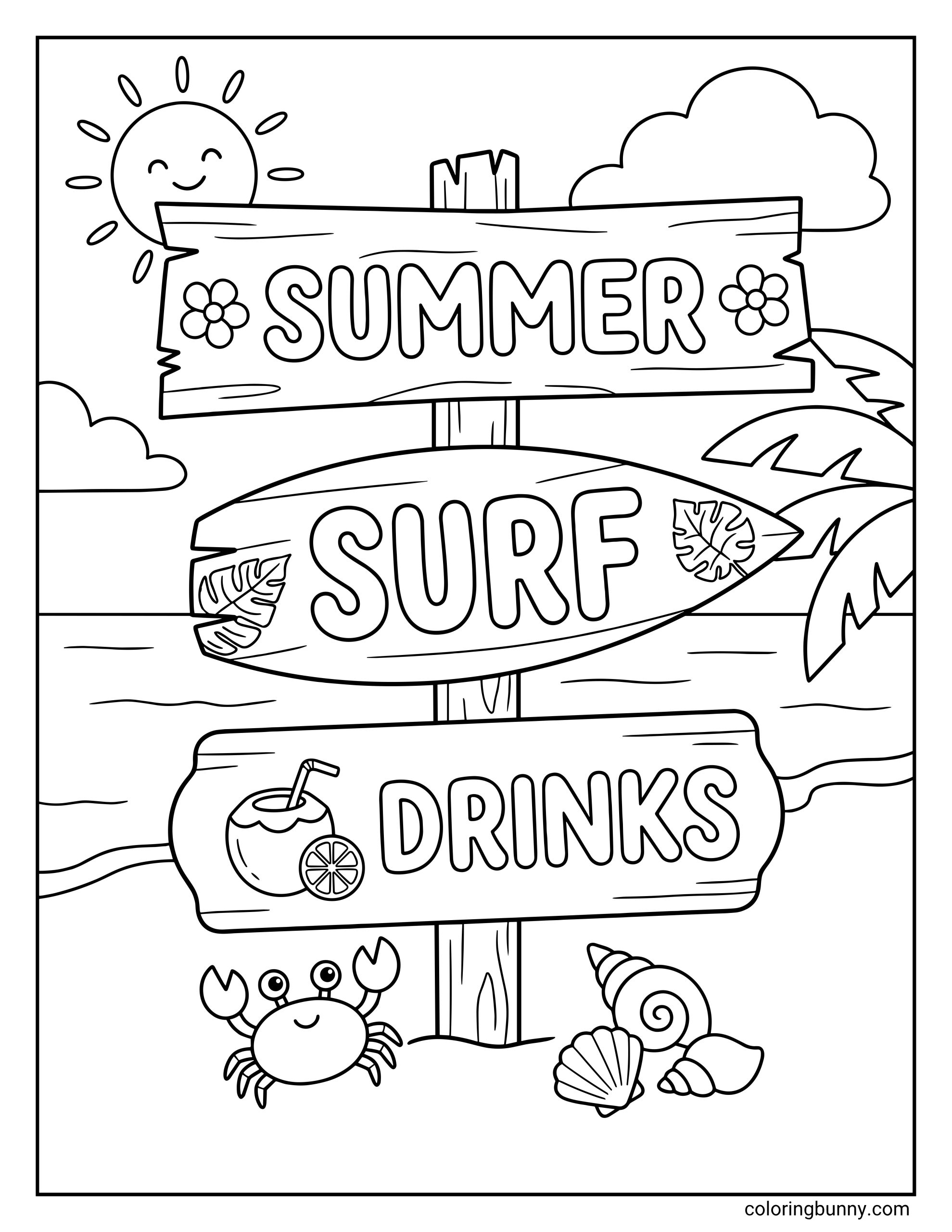 Summer Beach Sign coloring page with a wooden signpost by the ocean, featuring signs that say “SUMMER,” “SURF,” and “DRINKS,” along with a smiling sun, clouds, palm leaves, a crab, seashells, and waves.
