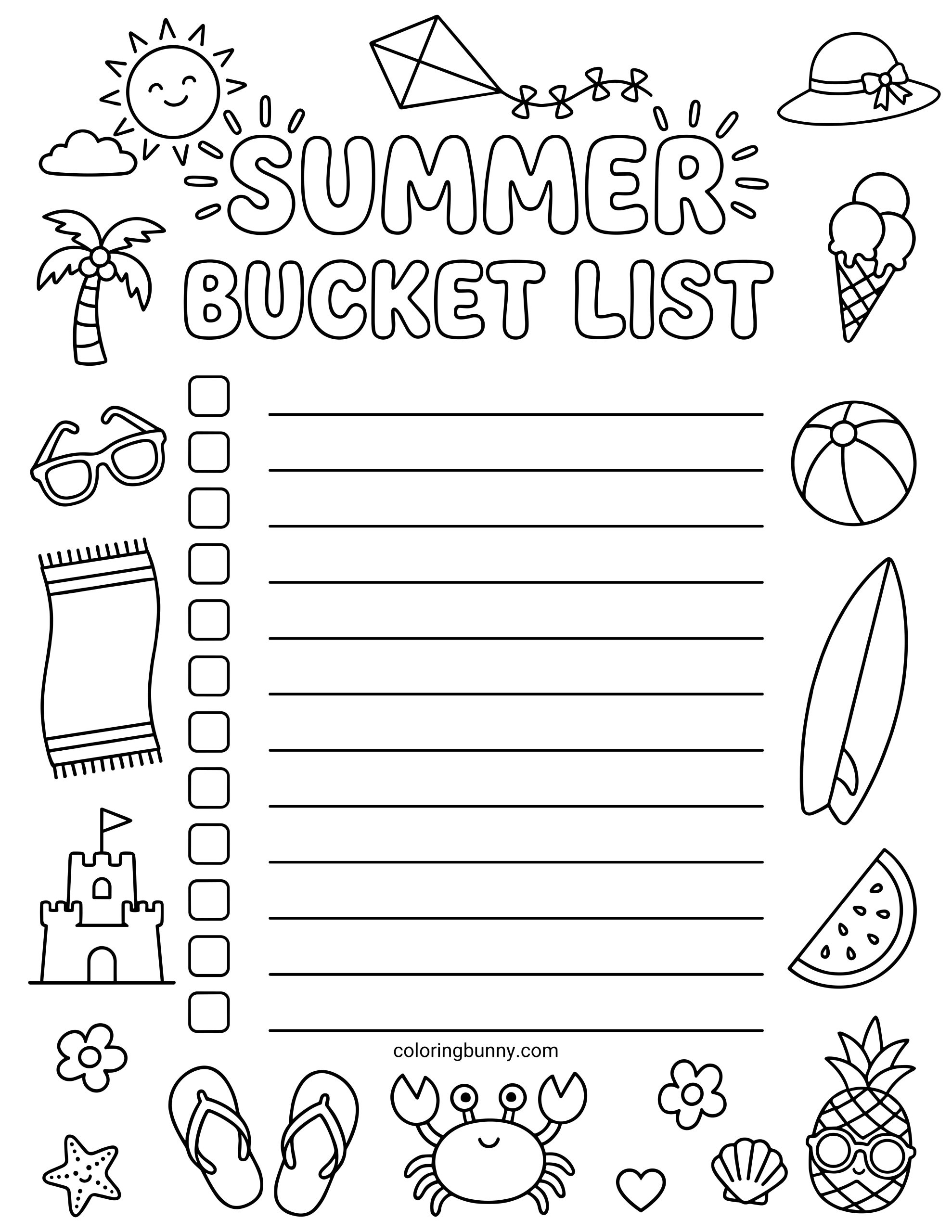 Summer Bucket List coloring page with the words “SUMMER BUCKET LIST” at the top, a column of checkboxes, writing lines, and beach-themed doodles including a kite, sun hat, ice cream, beach ball, surfboard, watermelon, pineapple, crab, flip-flops, sunglasses, towel, sandcastle, shell, starfish, and palm tree.