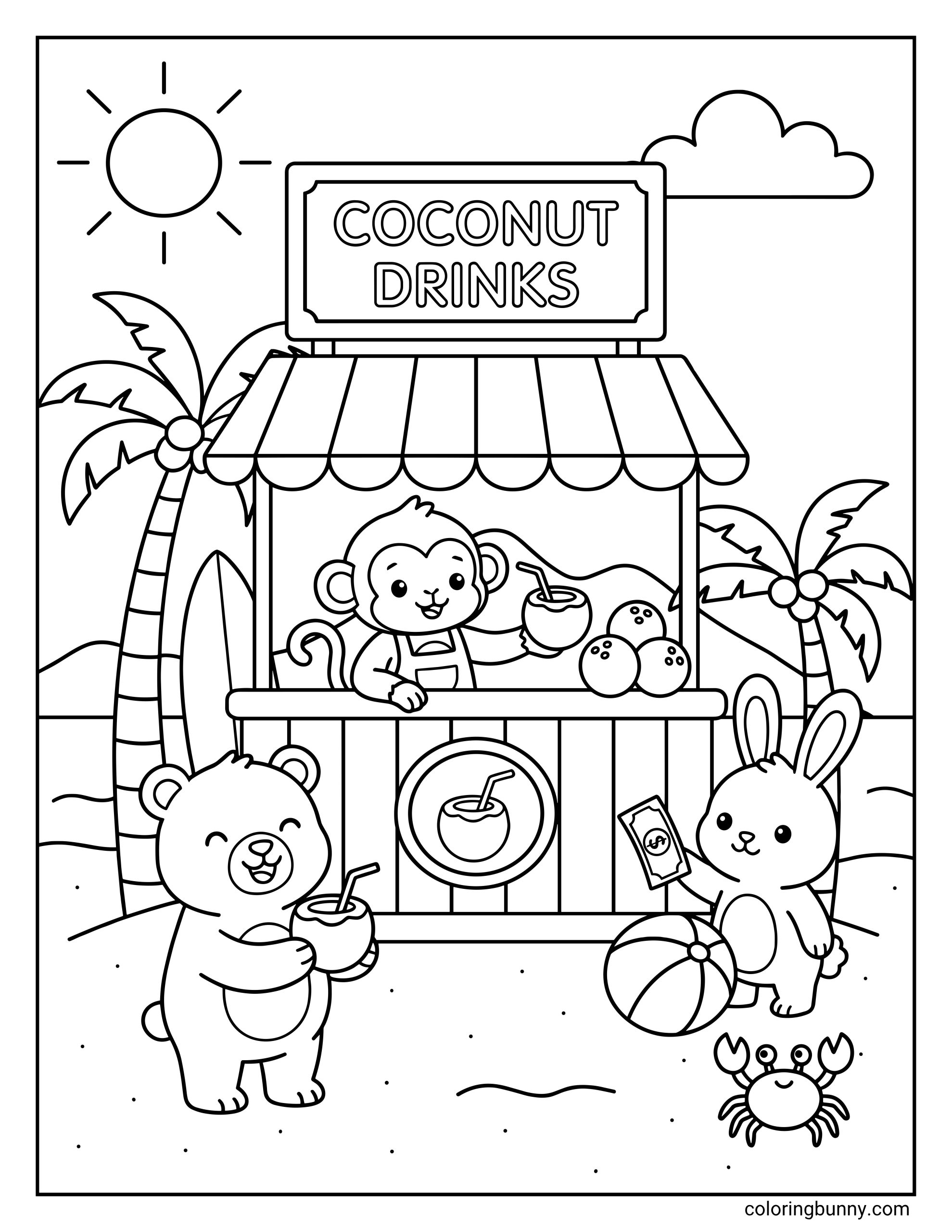 A cute summer beach coloring page showing a monkey at a coconut drink stand, a bunny holding money, and a smiling bear holding a coconut drink, with palm trees, sand, ocean, and a crab nearby.