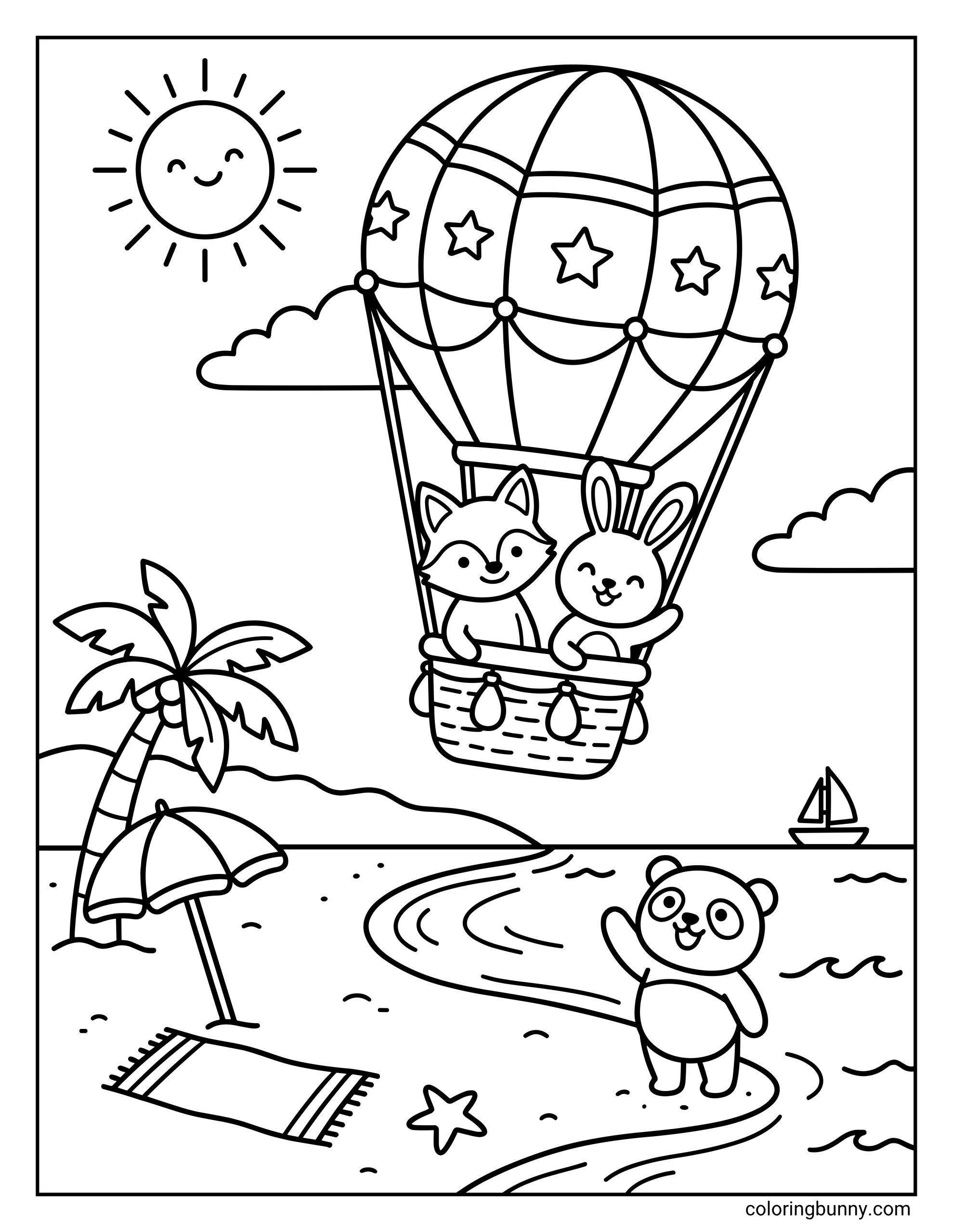 A summer coloring page showing a fox and rabbit riding in a patterned hot air balloon above a beach scene with a panda in the water, a palm tree, beach umbrella, towel, clouds, a smiling sun, and a small sailboat.