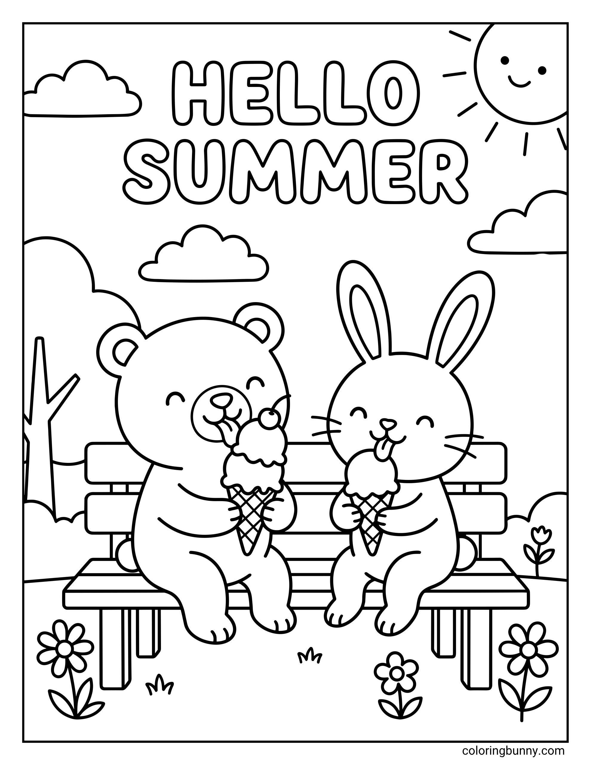 Summer coloring page with a bear and bunny eating ice cream on a park bench under 'HELLO SUMMER' text and a smiling sun.