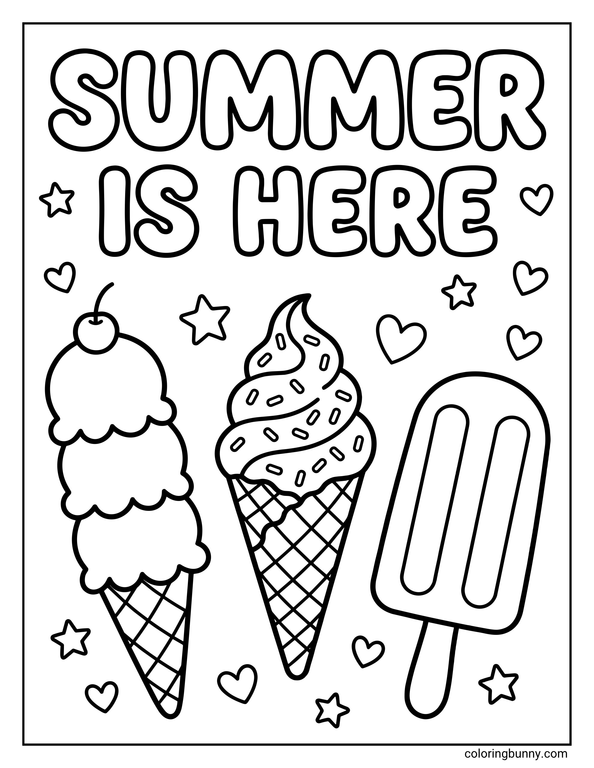 Kids summer coloring page showing the words “SUMMER IS HERE” with a triple-scoop cone, a swirled ice cream cone with sprinkles, a popsicle, and cute star and heart accents.