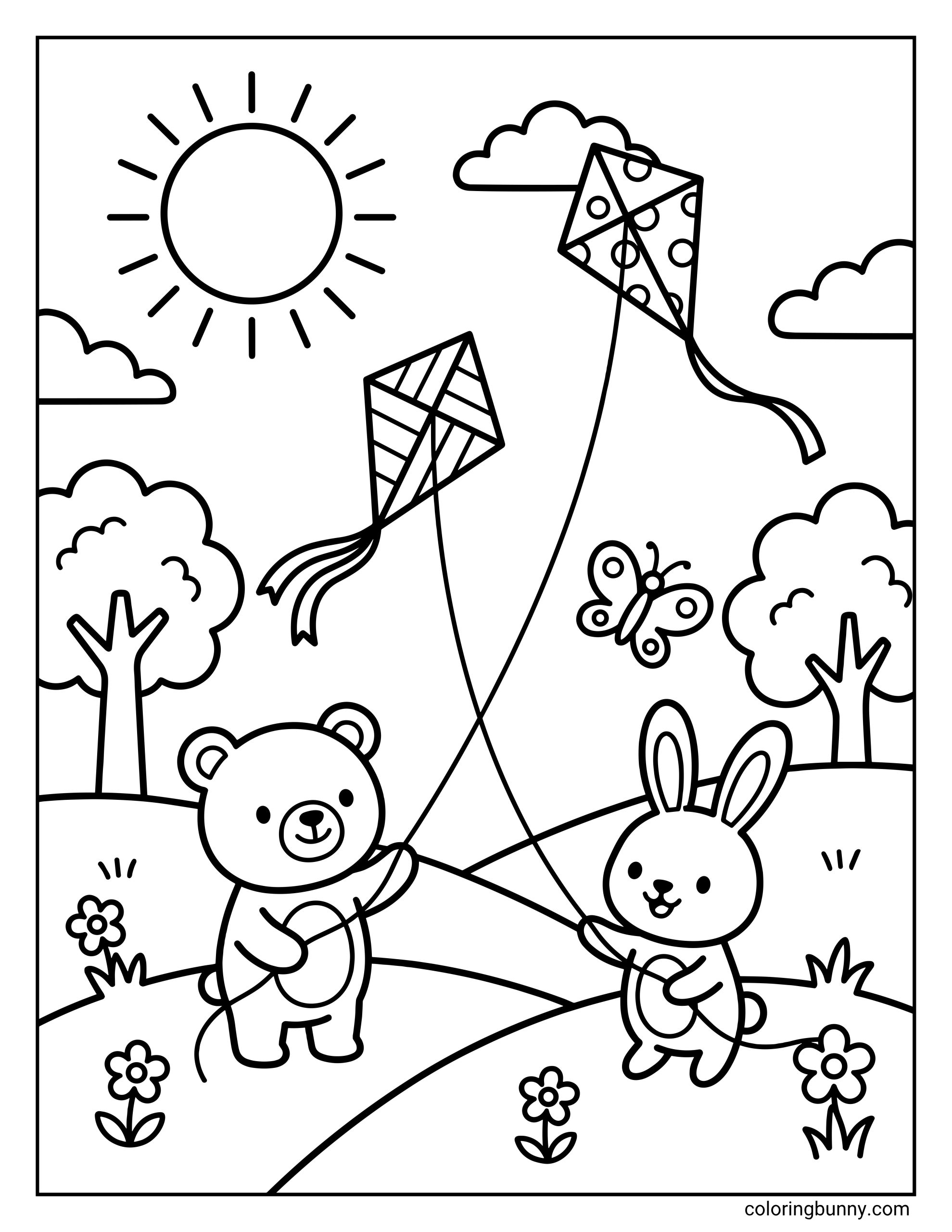 Summer coloring sheet featuring a bear and bunny flying two kites outdoors on a grassy path, with trees, flowers, clouds, a butterfly, and a large sun above.