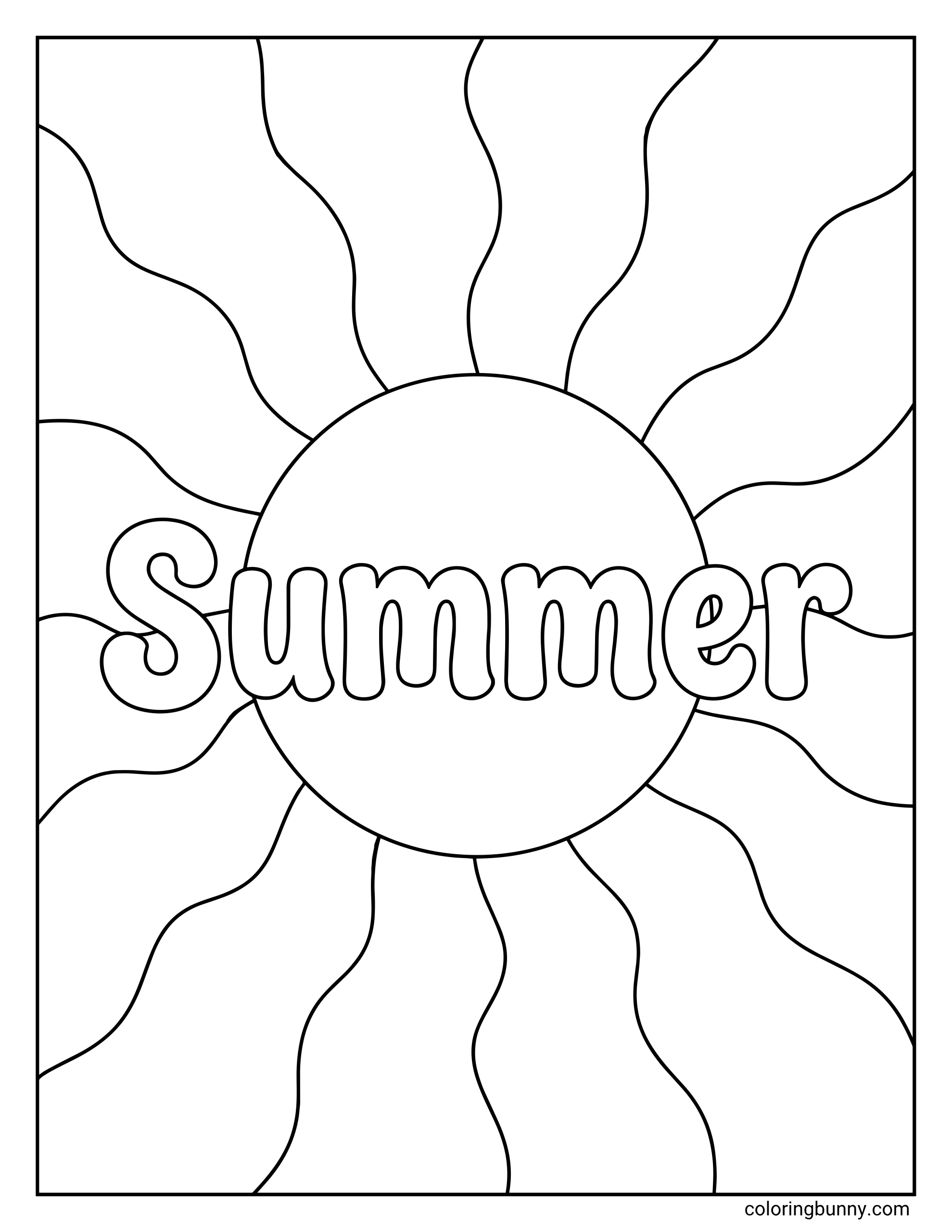 Summer coloring sheet with a large central sun labeled “Summer,” with flowing sun rays radiating to the edges of the page.