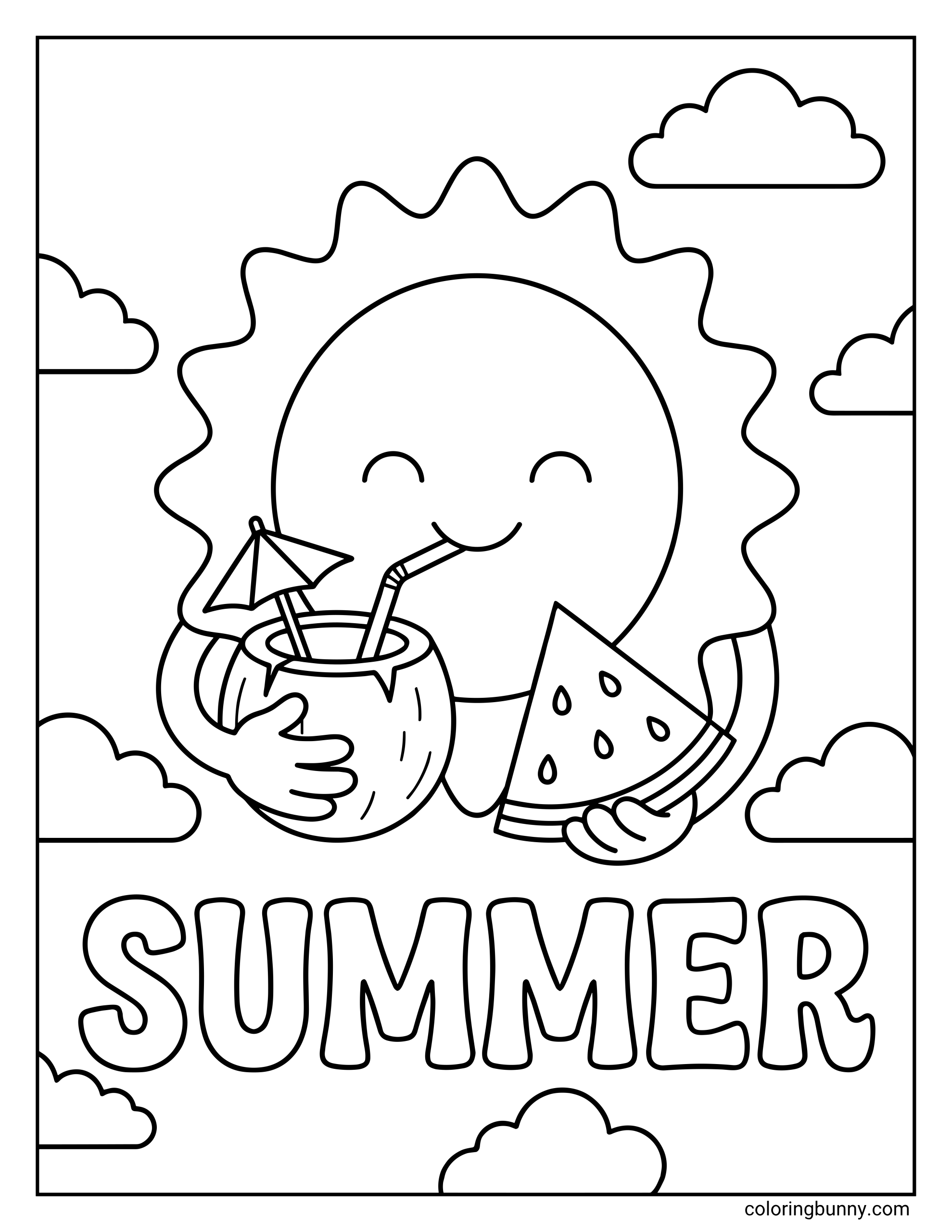 summer coloring page featuring a large, happy sun character sipping from a coconut drink with a tiny umbrella. The sun is also holding a slice of watermelon, positioned above the word 'SUMMER' in bubbly letters.