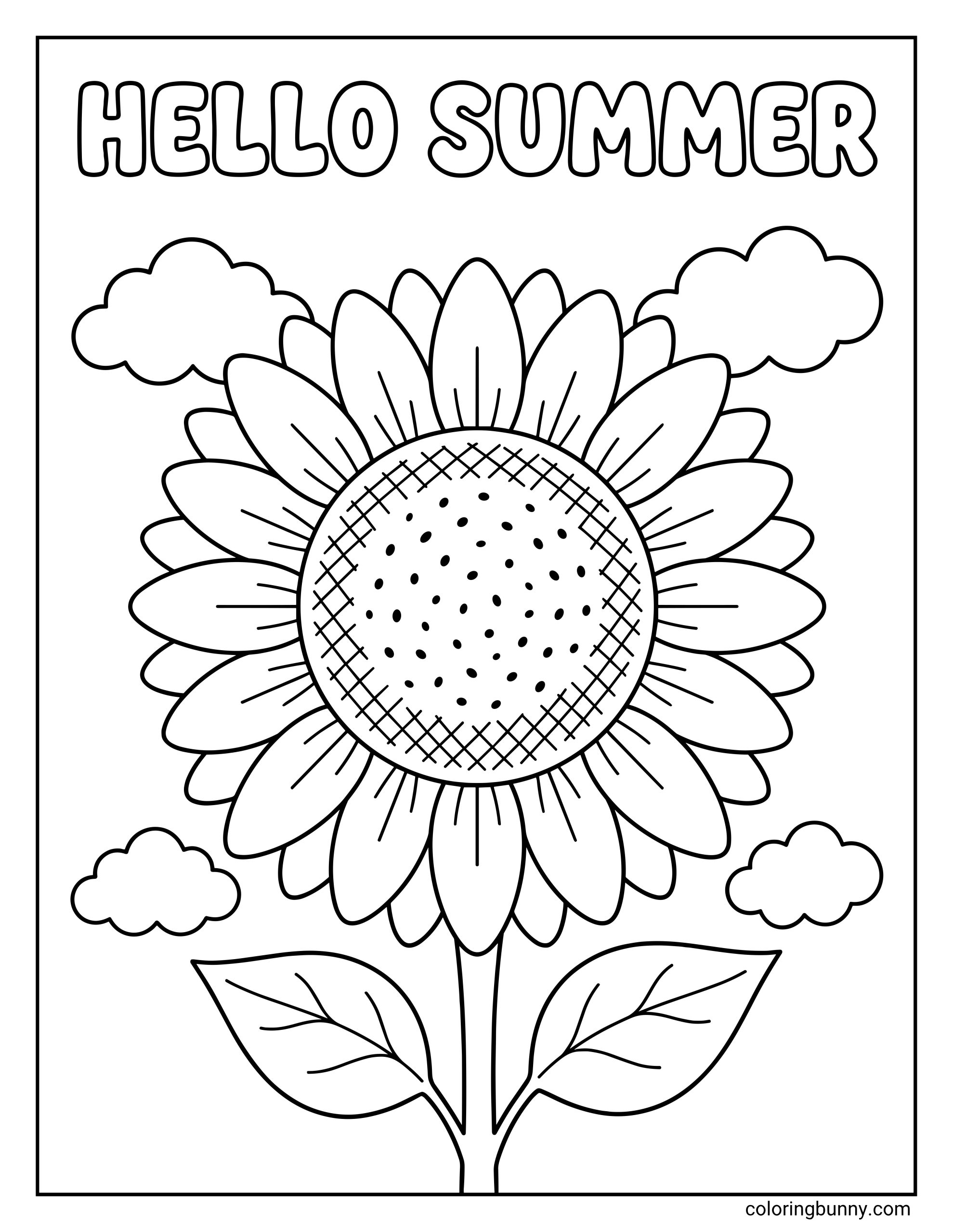Cute summer flower coloring page with a big sunflower in the middle, “HELLO SUMMER” at the top, and small clouds floating around it.
