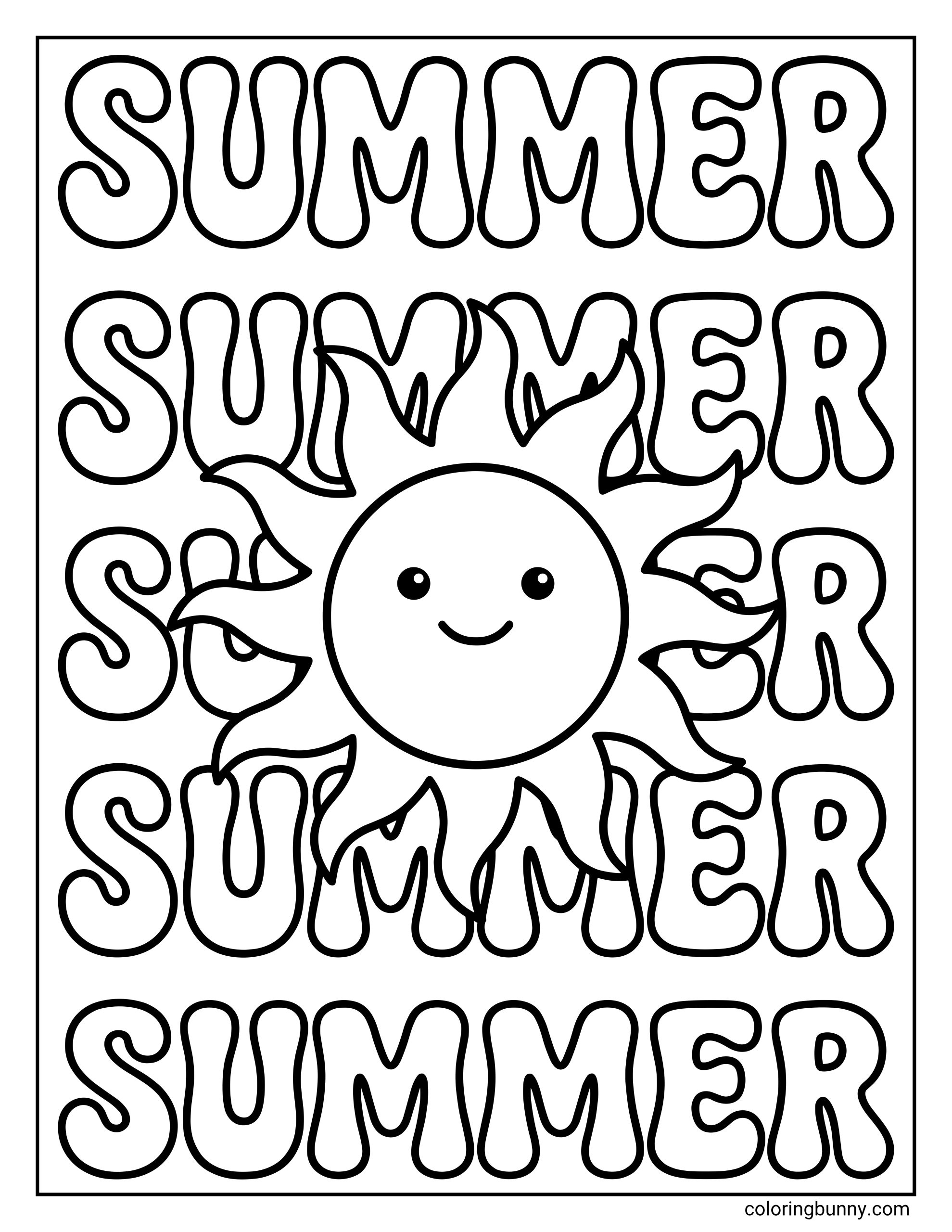 Easy summer coloring page featuring the word “SUMMER” repeated in bold bubble letters with a cute sun face placed over the central text.
