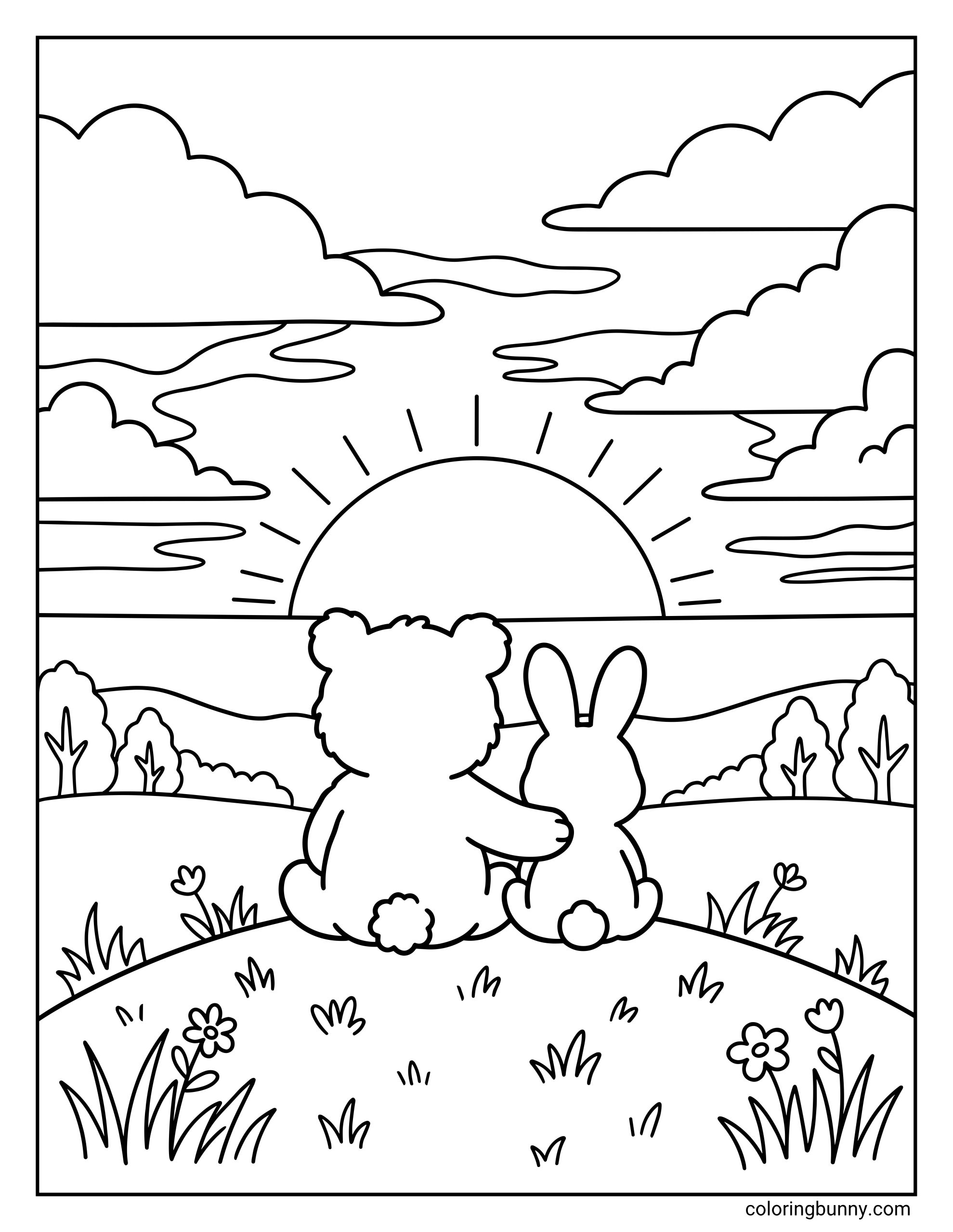 Cute sunset coloring page showing a bear and bunny sitting close together with one arm around the other, facing a large sun setting over the horizon with clouds, flowers, grass, and trees.
