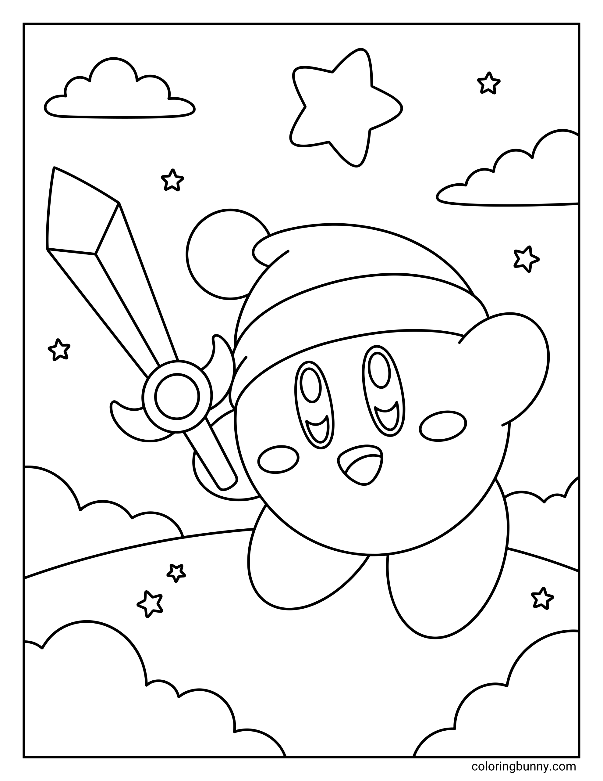 Kirby coloring page of Sword Kirby wearing a pointy hat with a pom-pom and holding up a sword, surrounded by clouds and floating stars.