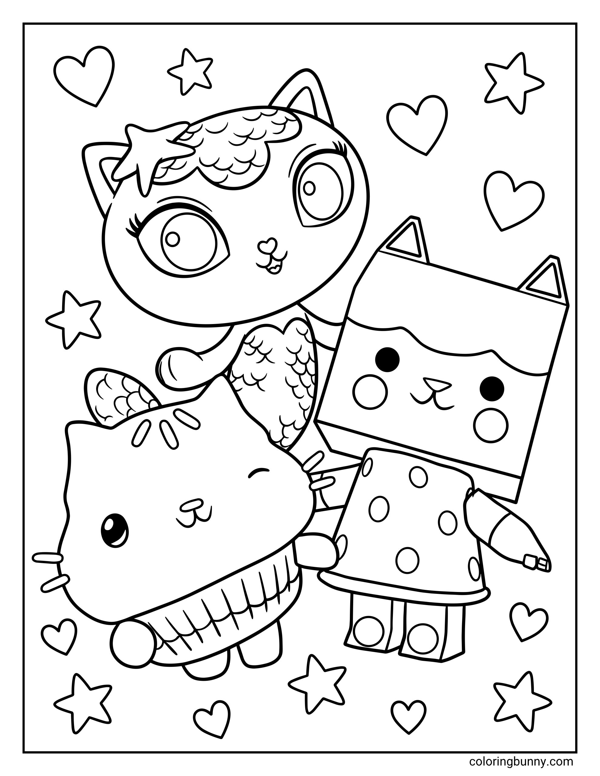Gabby's Dollhouse coloring page of MerCat, Cakey Cat, and Baby Box posing together happily with bold black outlines perfect for coloring.