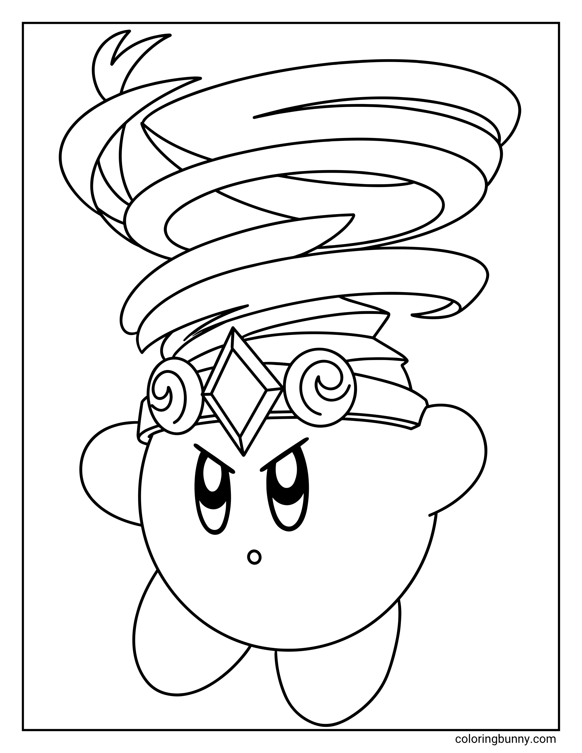 Coloring page of Tornado Kirby with a swirling tornado spinning high above the head. The gem headband, determined face, and simple pose