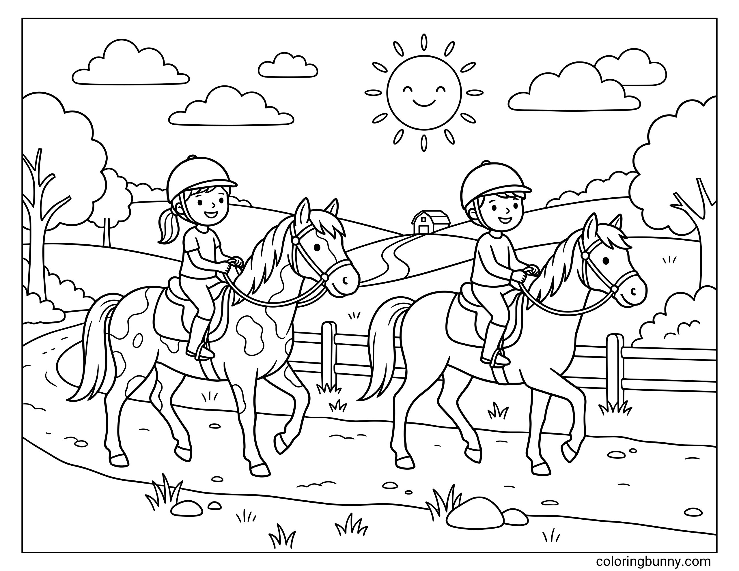Kids horse coloring page showing two children riding horses along a country trail, with riding helmets, a fence, trees, hills, clouds, and a smiling sun.