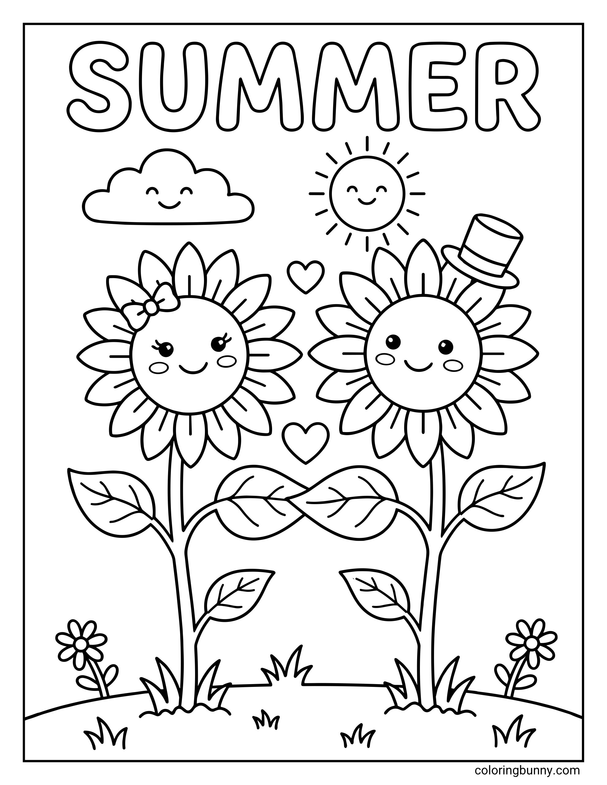 A cute summer coloring page showing two smiling sunflowers standing side by side, one wearing a bow and the other wearing a hat, with hearts between them and “SUMMER” written above.