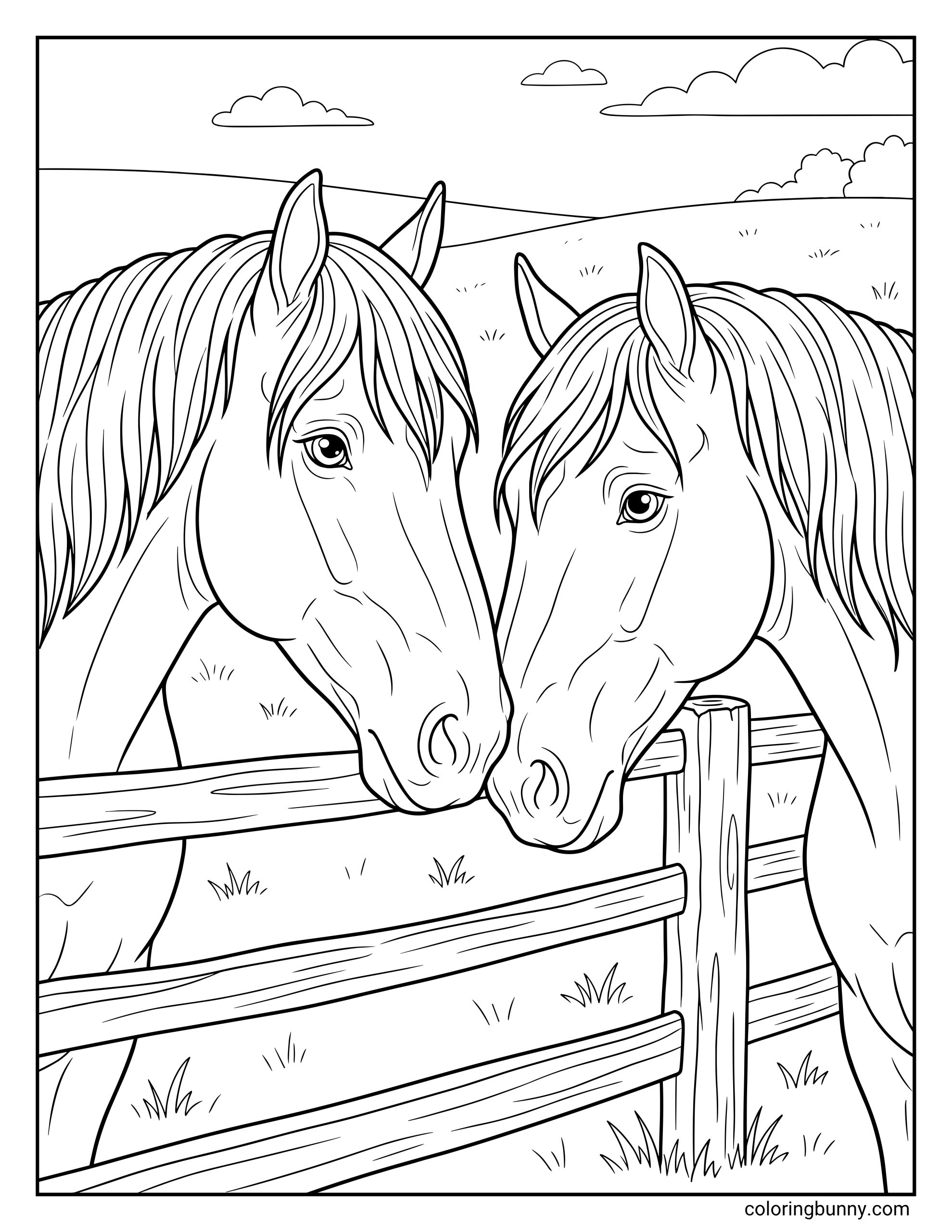 Coloring page of two draft horses gently touching noses over a wooden fence in a quiet field, with rolling hills and clouds in the background