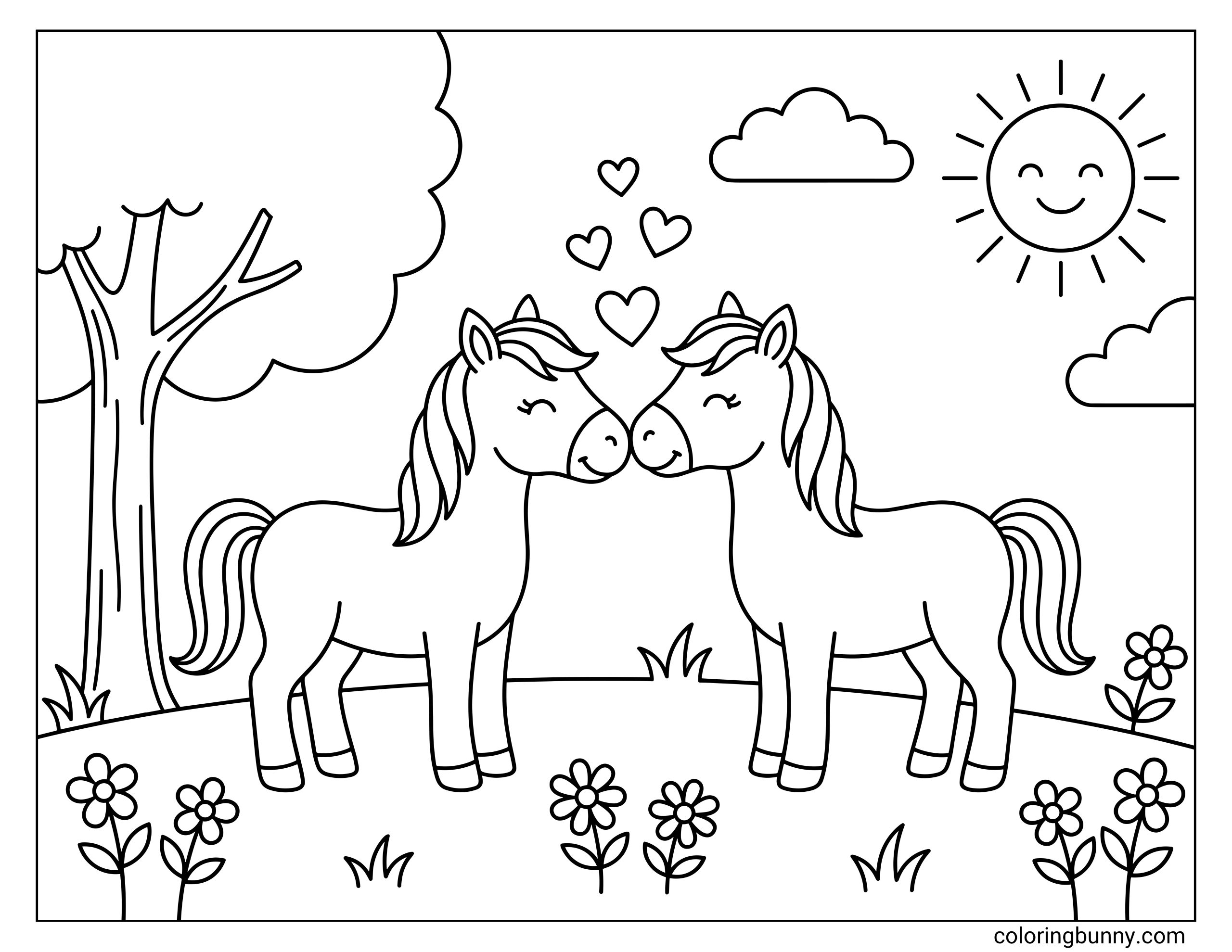 Horse coloring page of two cartoon horses standing together in a field, facing each other with hearts above them and simple nature elements like grass, flowers, and a tree.