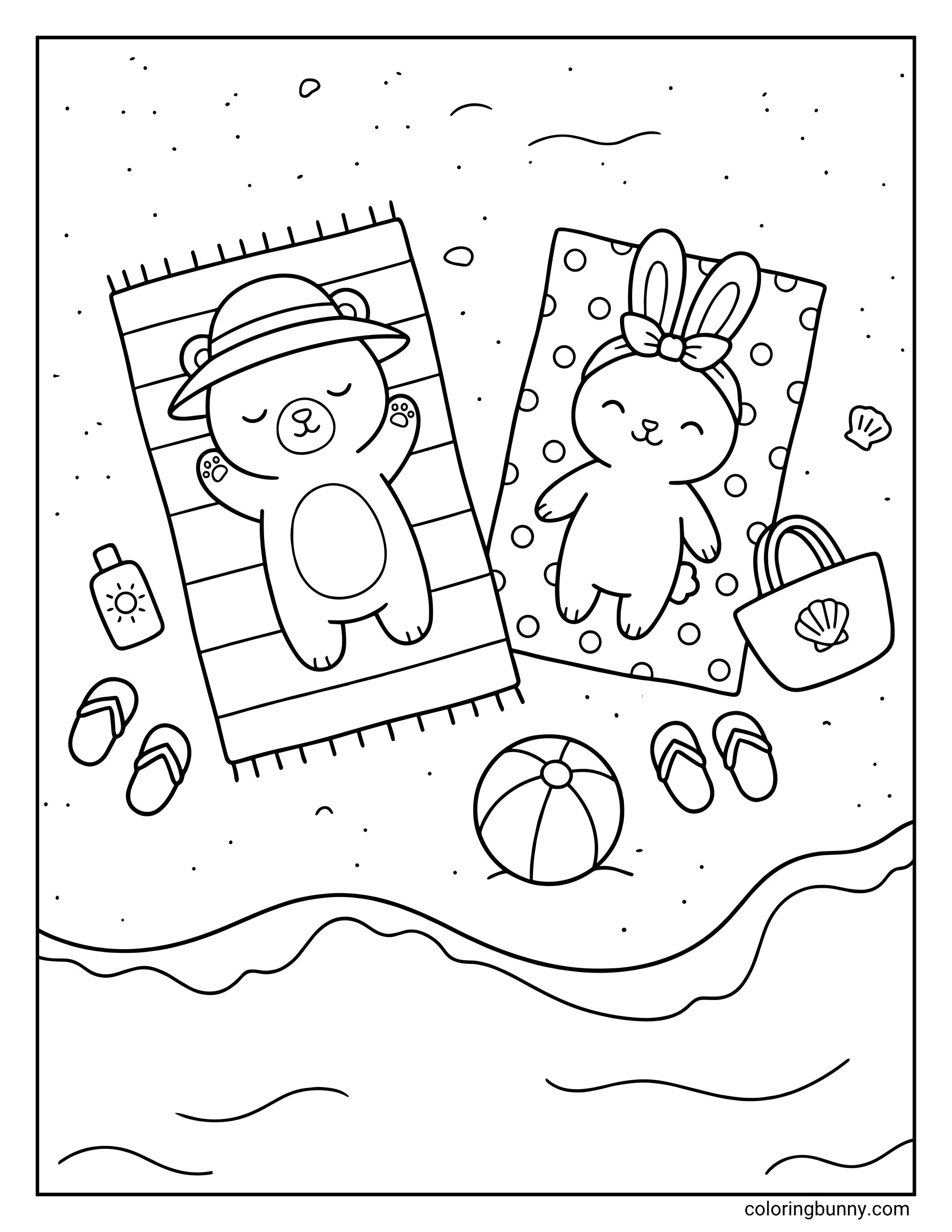Kids summer coloring page with two cute animals sunbathing on towels at the beach, including a bear and bunny, with flip-flops, a beach ball, sunscreen, a shell purse, and ocean waves.