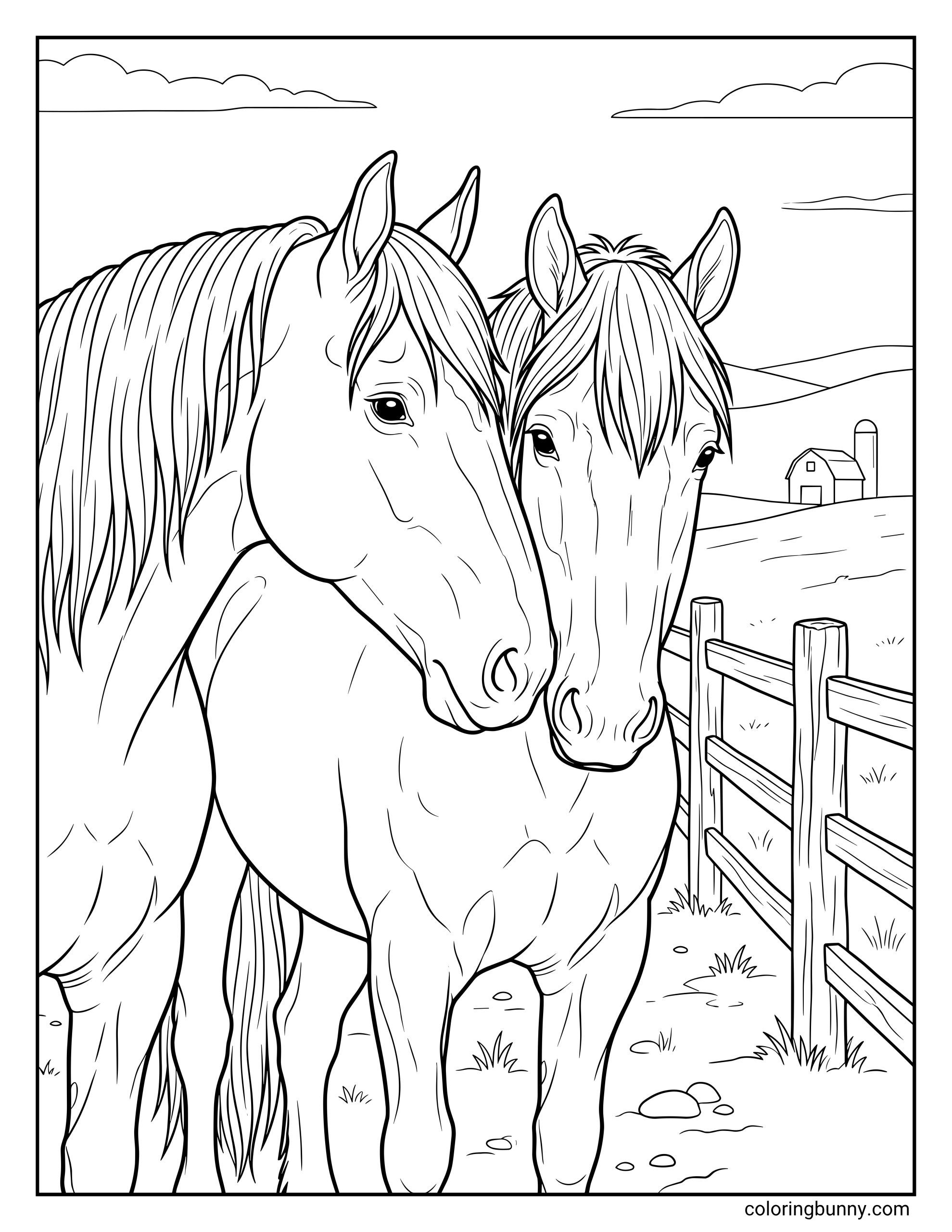 Realistic coloring page of two horses nuzzling affectionately in a pasture, standing next to a wooden fence with a barn and silo in the background.