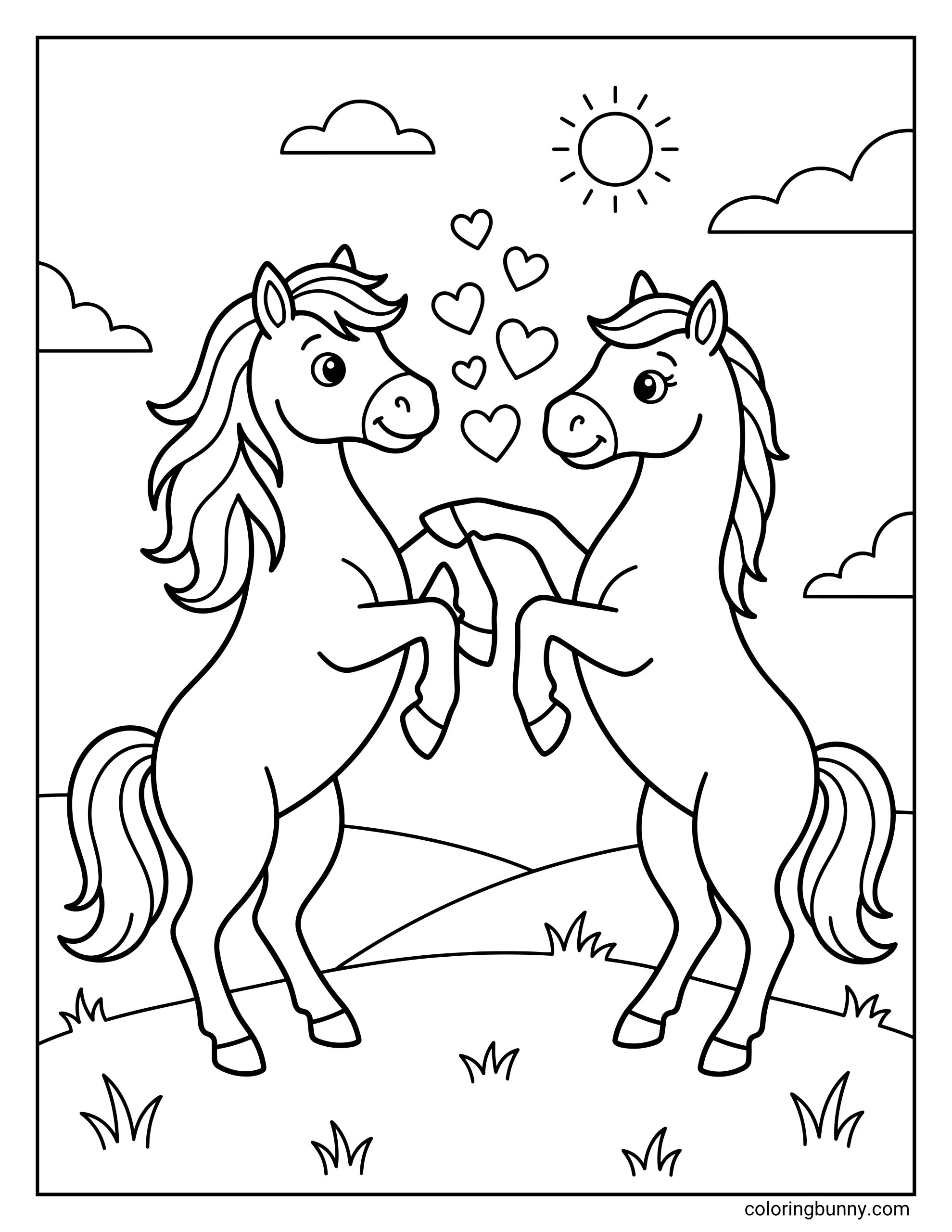 Coloring page of two cute cartoon horses rearing up to touch front hooves in a grassy field, with floating hearts between them under a sunny sky.