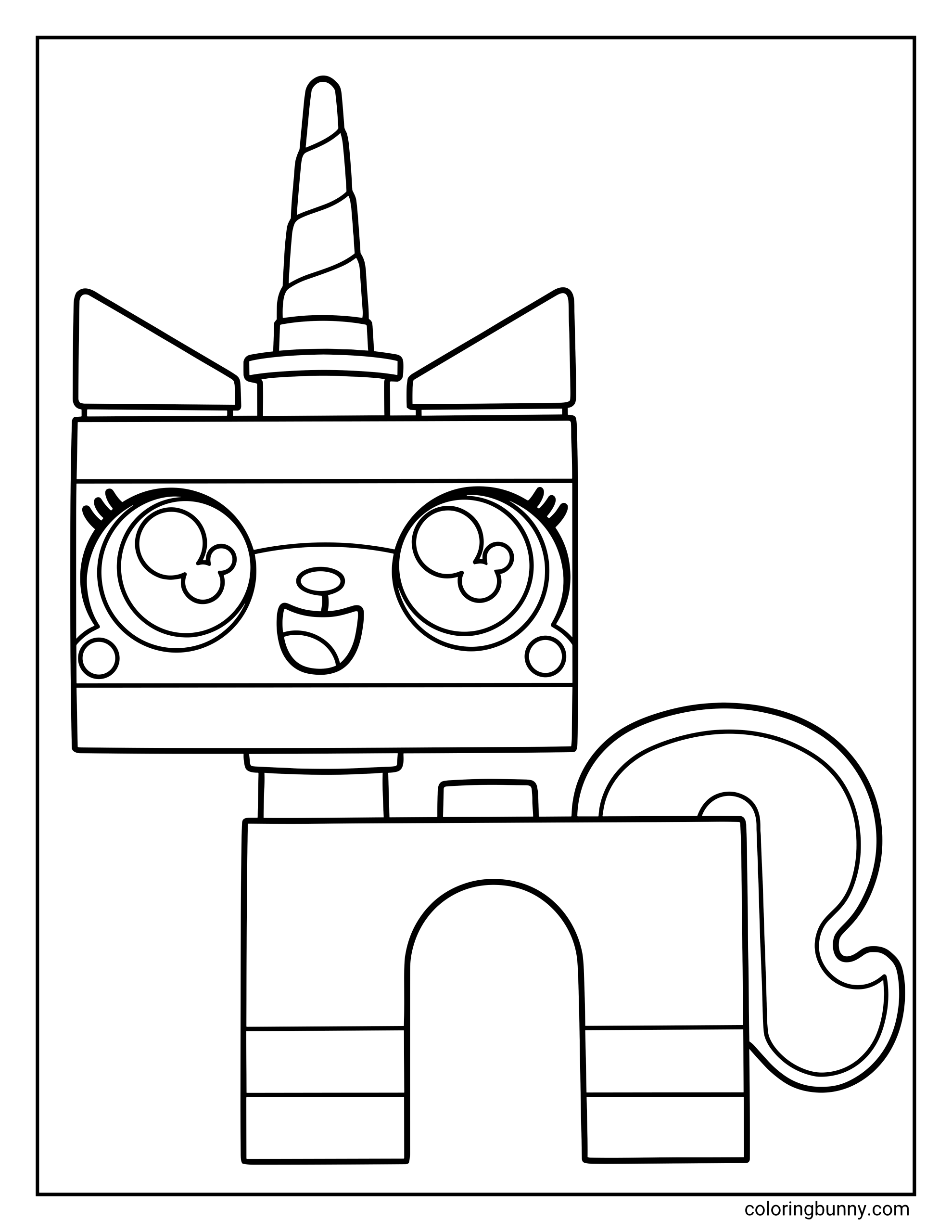 A LEGO Unikitty coloring page featuring the bubbly princess of Cloud Cuckoo Land with her signature unicorn horn and long, curled tail. Her large, sparkly eyes and wide smile capture her joyful personality, all rendered in simple, blocky brick shapes ready for coloring.