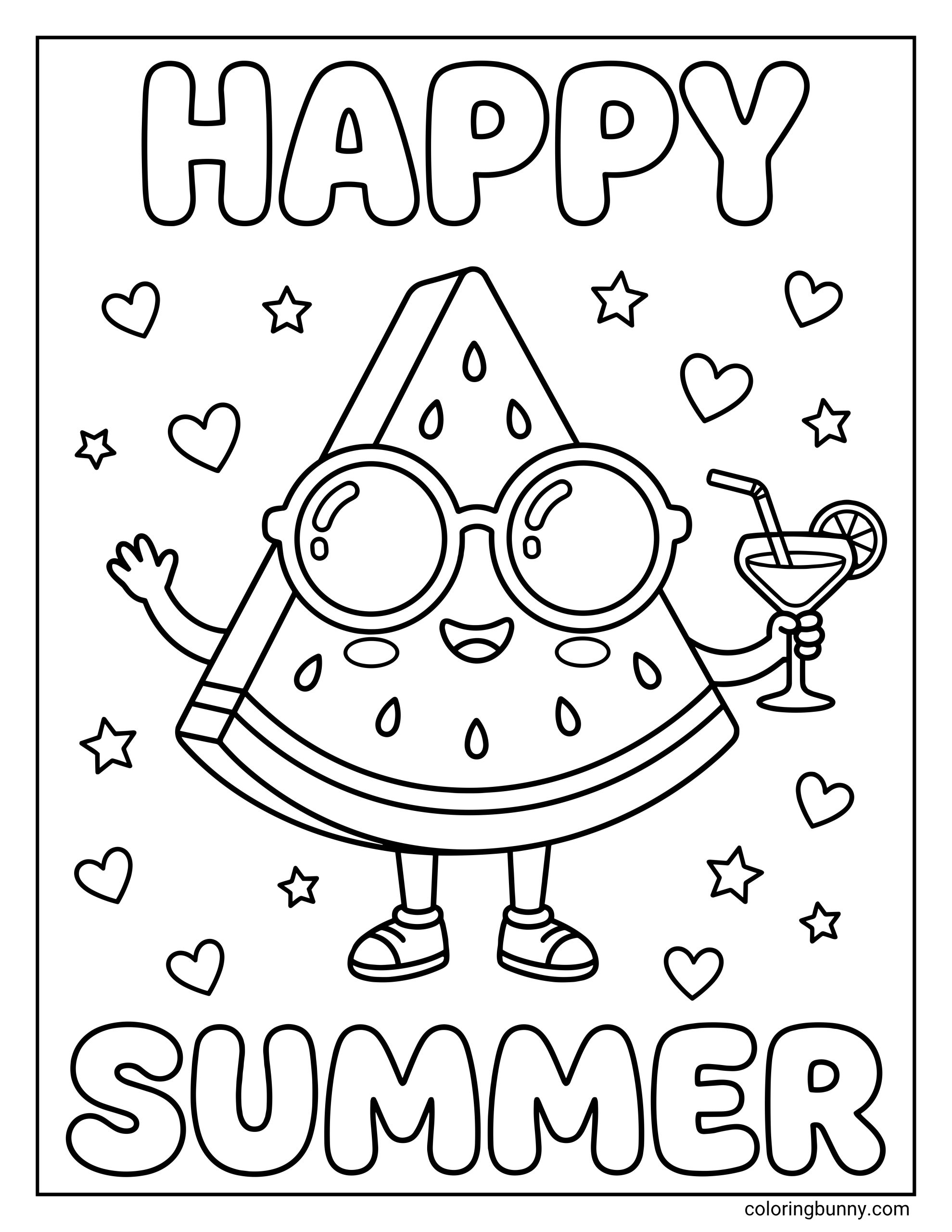 Printable summer coloring page with a smiling watermelon character wearing sunglasses and holding a drink, surrounded by hearts, stars, and 'HAPPY SUMMER' text.