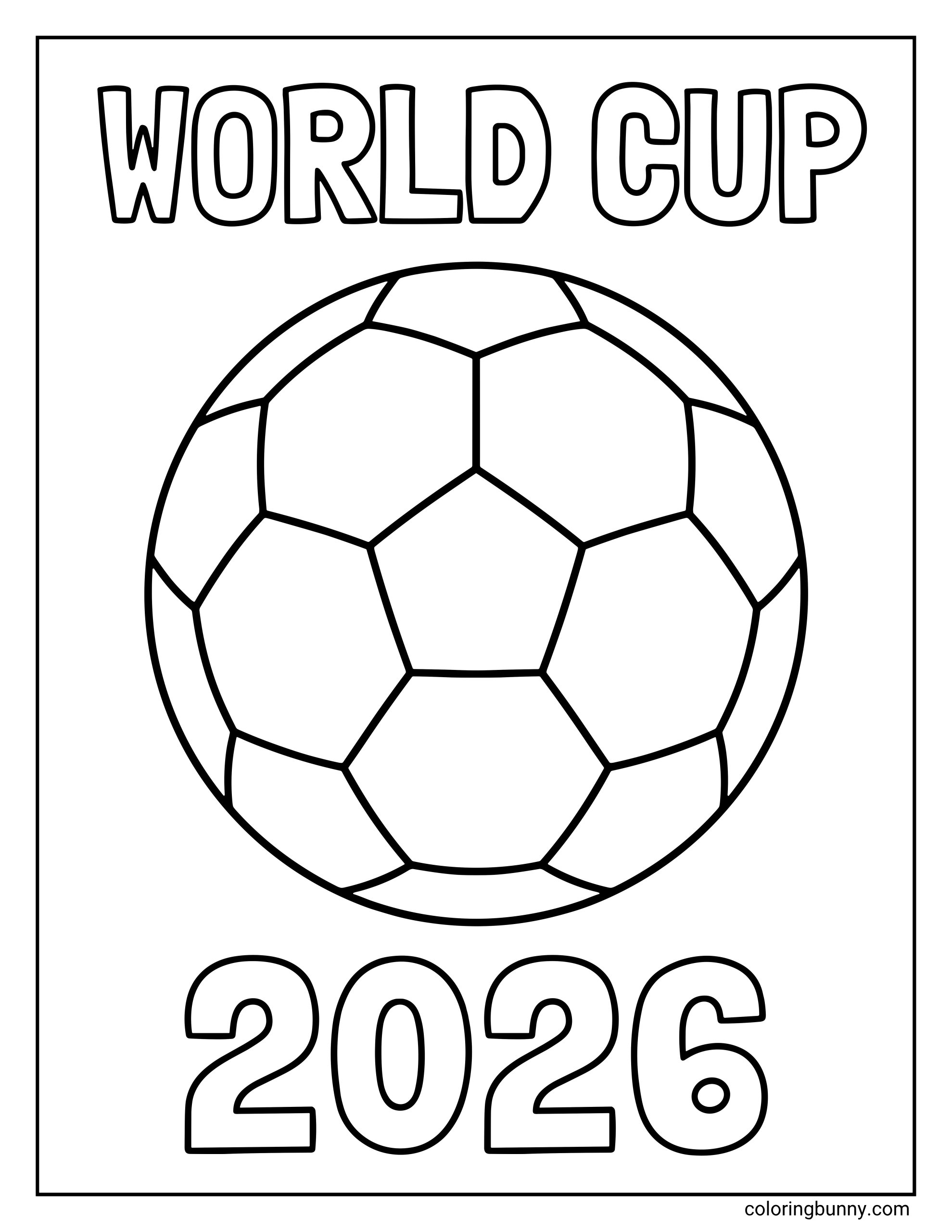A soccer coloring page featuring a large, classic soccer ball with a pentagon and hexagon pattern. The words "World Cup" are printed at the top with "2026" at the bottom in bold, block letters.