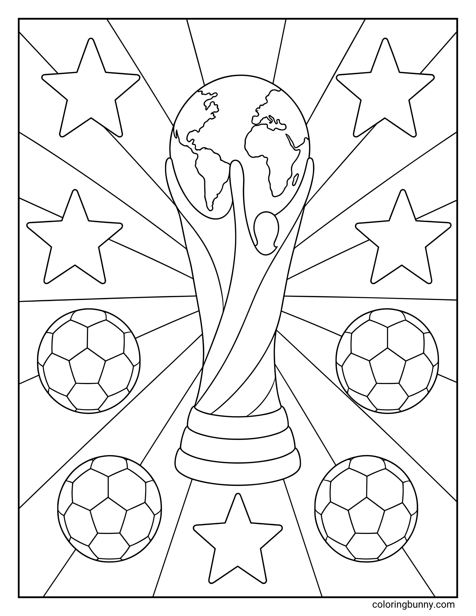 A World Cup coloring page featuring a large World Cup-style trophy, surrounded by soccer balls, stars, and radiating sun beams.
