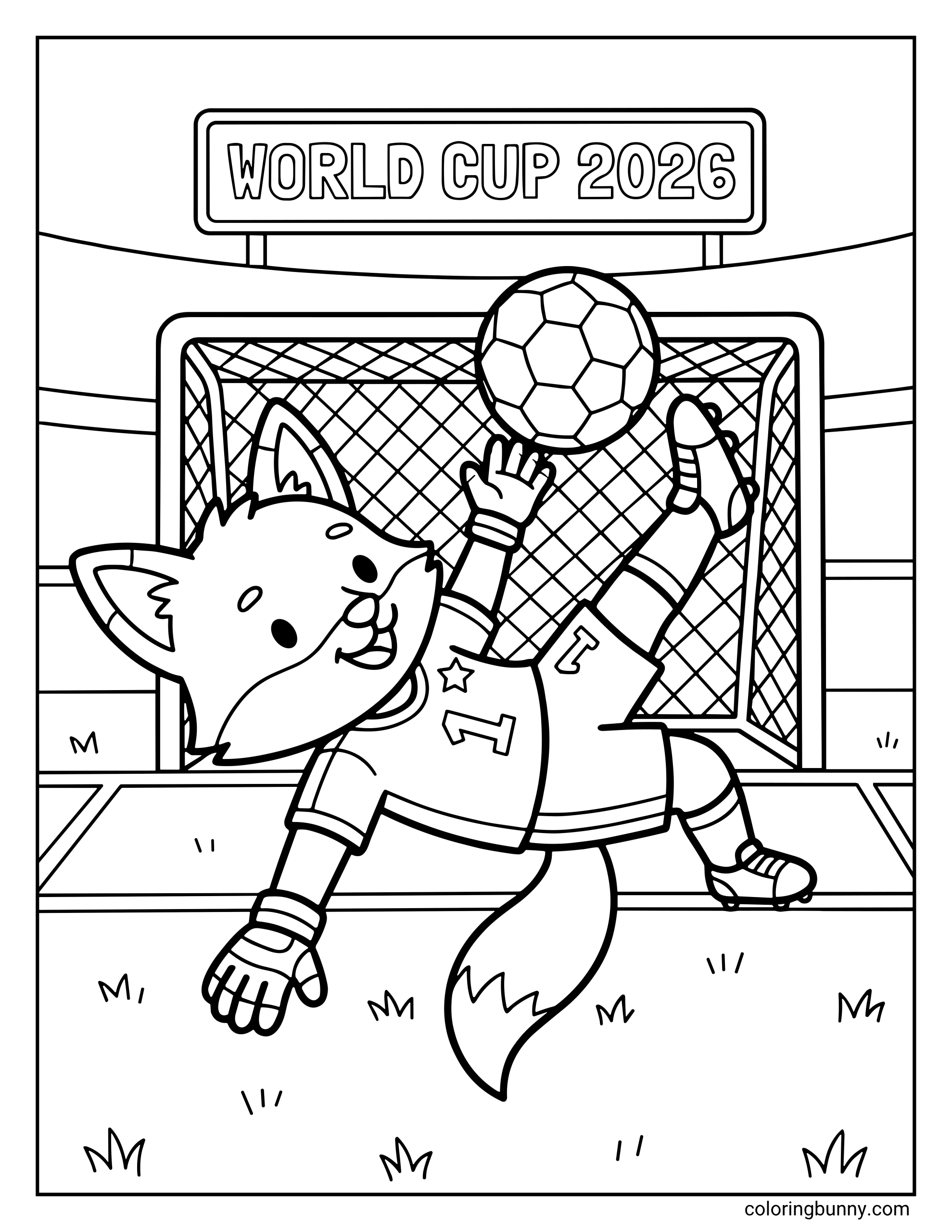 A World Cup 2026 coloring page featuring a talented fox goalkeeper performing an acrobatic bicycle kick in front of a soccer goal. The fox is mid-air with one paw on the grass.