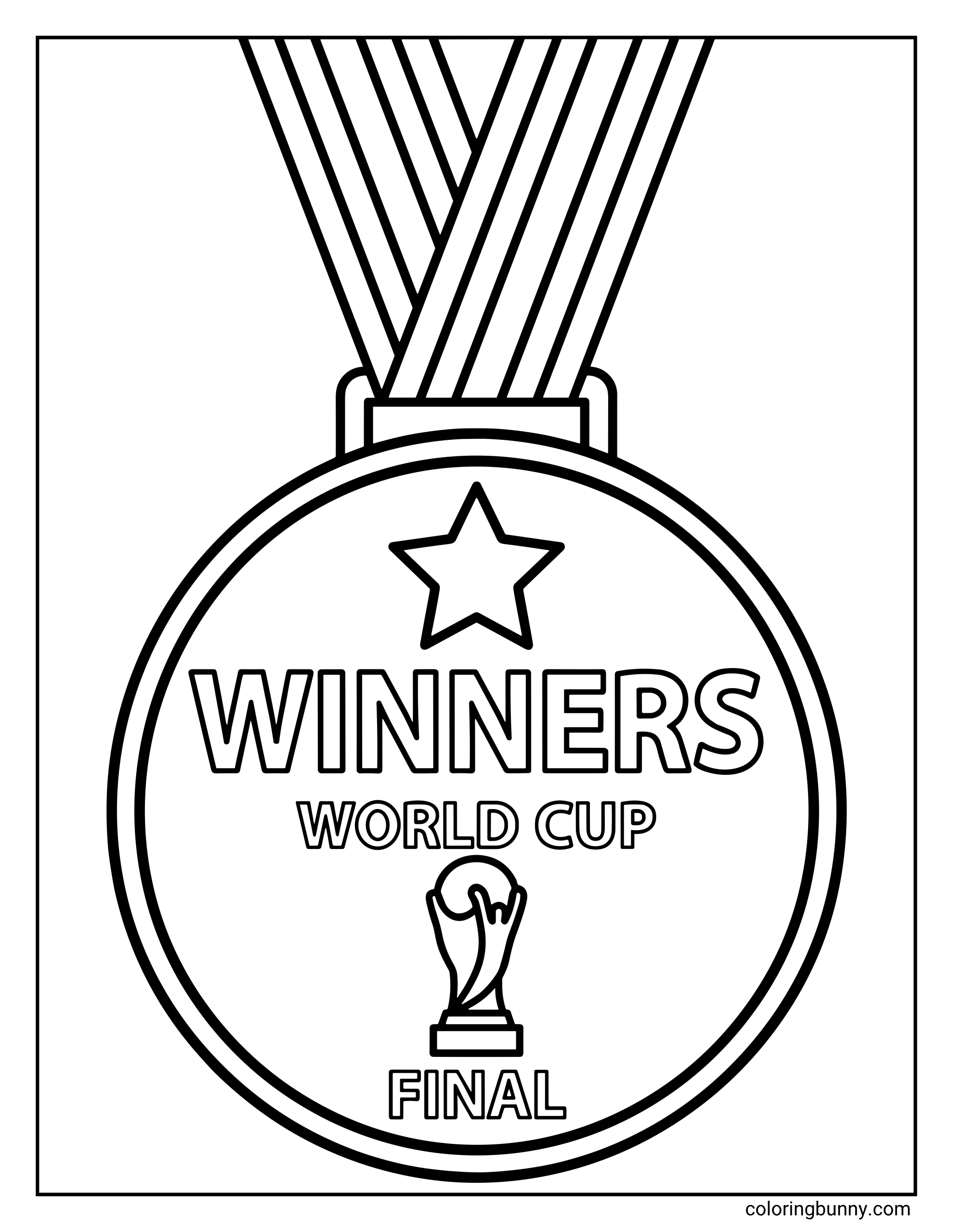 A World Cup 2026 coloring page featuring a large, circular winners medal hanging from a striped ribbon. The medal is inscribed with "WINNERS WORLD CUP FINAL" and features a small trophy and star icon.