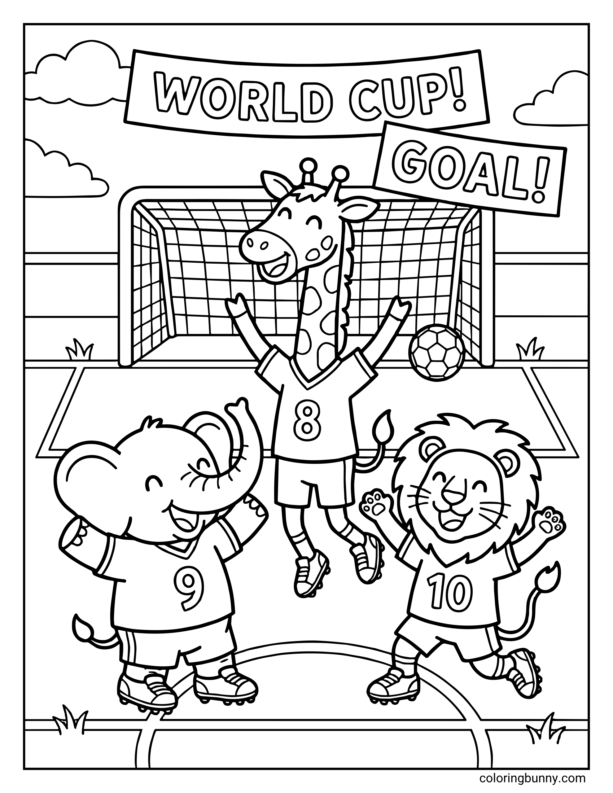 A soccer coloring page featuring a giraffe, an elephant, and a lion celebrating a goal at the World Cup Finals. The giraffe is jumping for joy in front of the net while banners above scream "WORLD CUP! GOAL!"