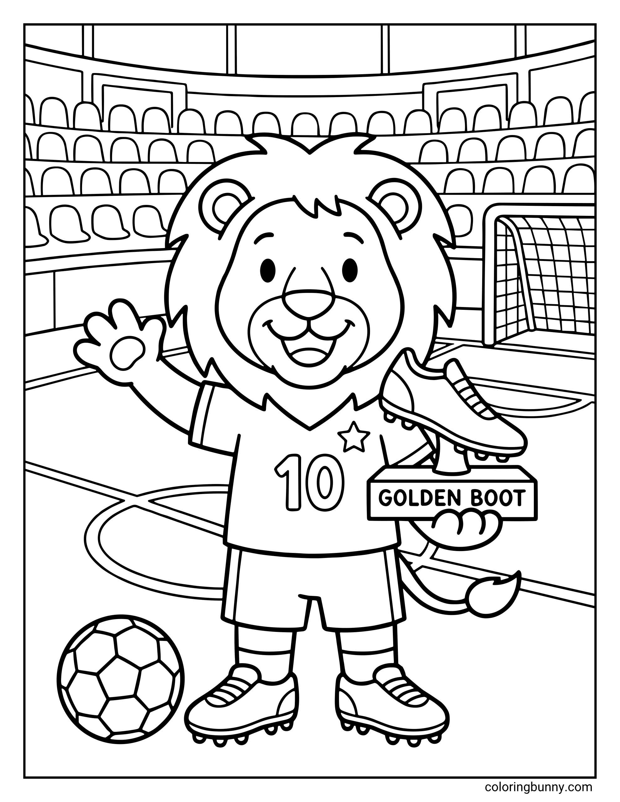 A World Cup 2026 coloring page featuring a friendly lion standing on a soccer pitch. He is happily waving while holding the "Golden Boot" trophy, with a stadium and a goal in the background.