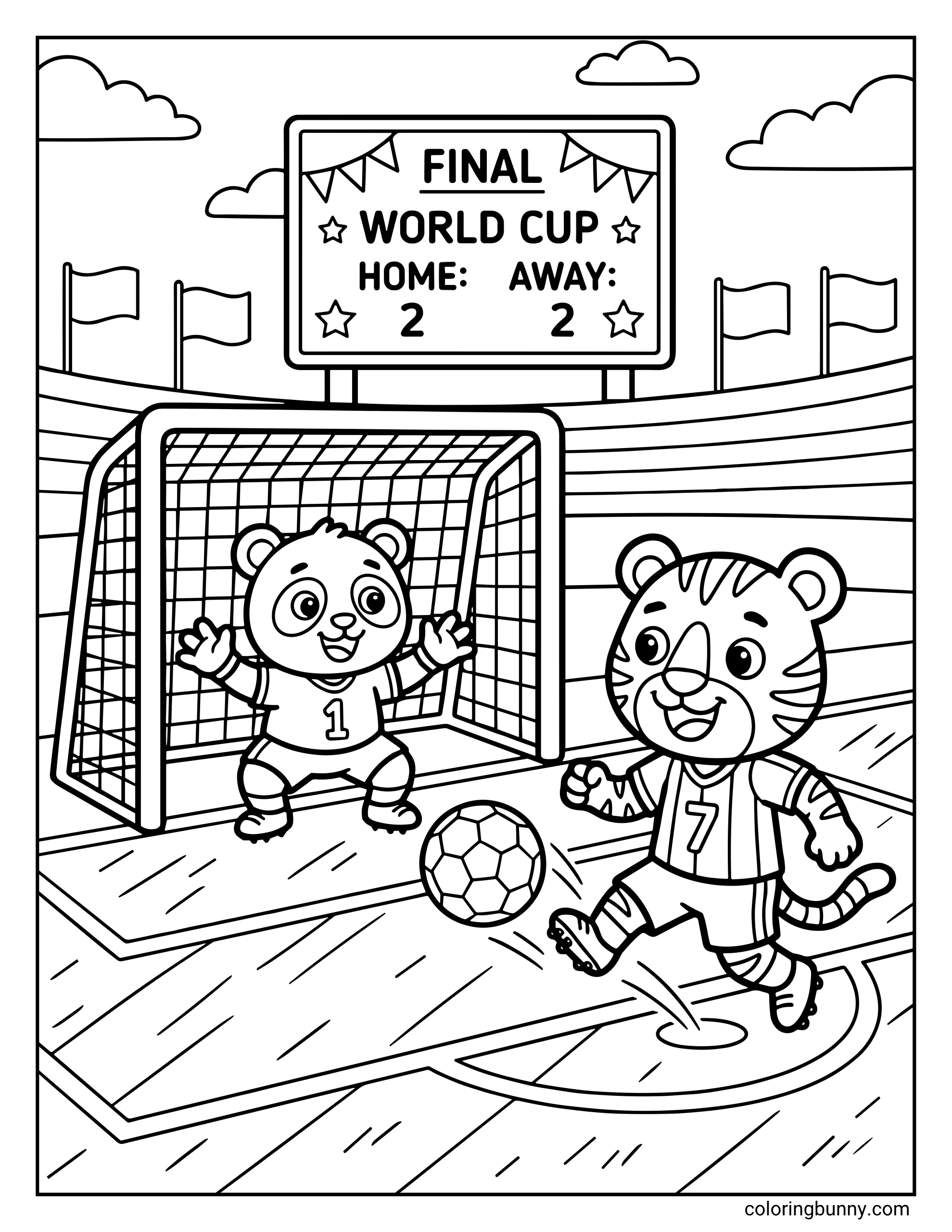 A 2026 World Cup coloring page featuring a tiger kicking the ball towards goal with a panda goalkeeper. The scene includes a large scoreboard showing a 2-2 tie in the final and a stadium background with flags.