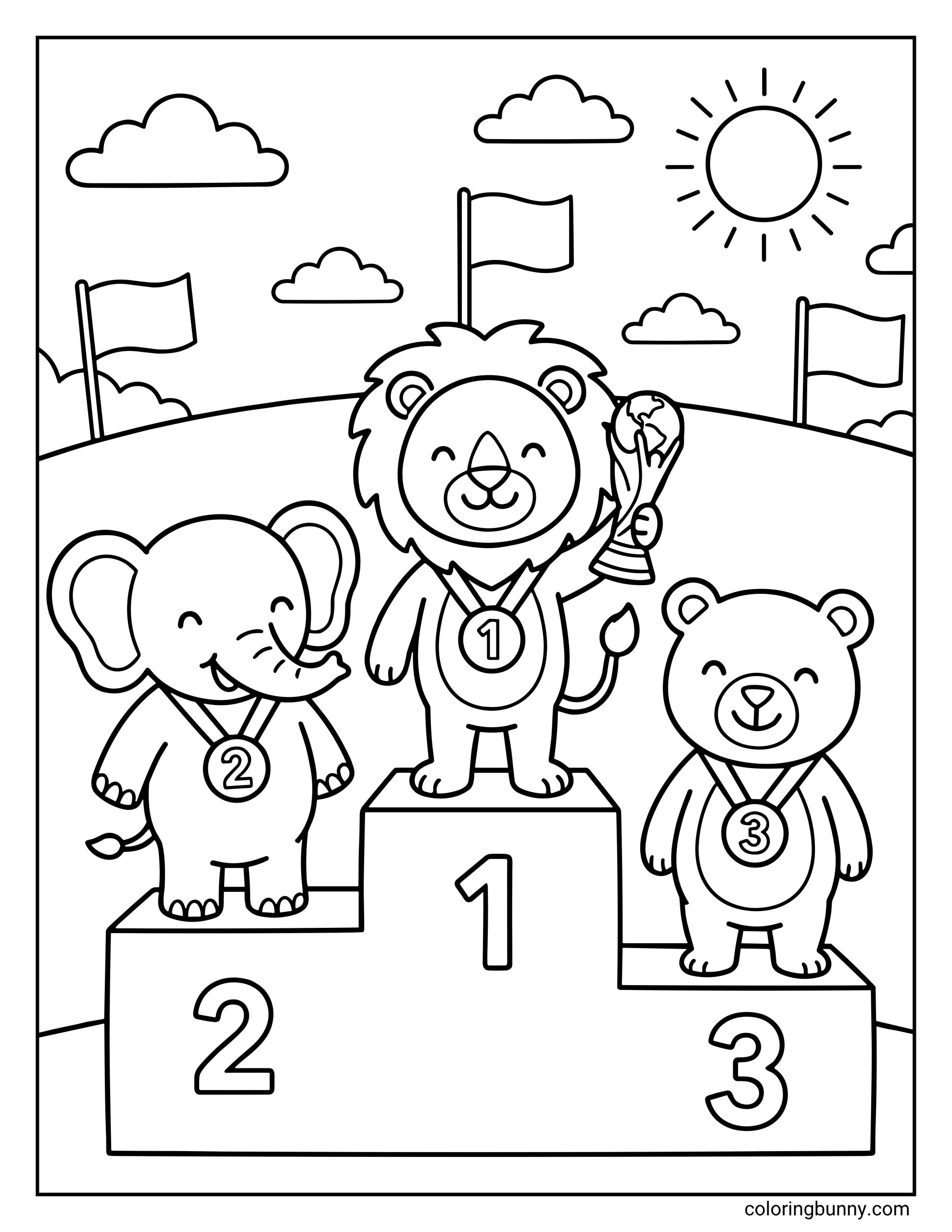 A World Cup 2026 coloring page featuring a lion, an elephant, and a bear standing on a victory podium. The lion holds the winners trophy in the center while the cozy animal friends celebrate with their medals under a bright sun.
