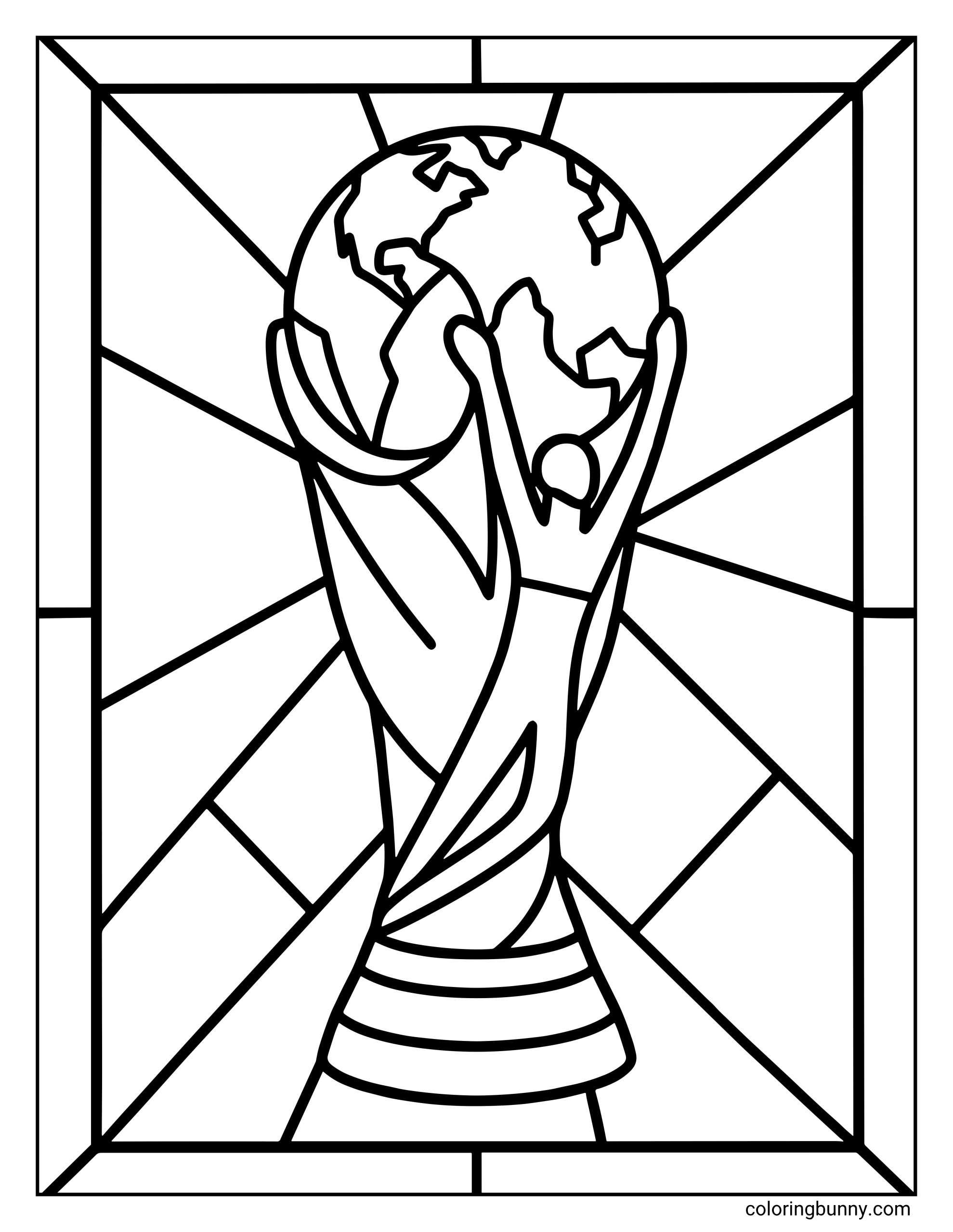 A coloring page featuring the iconic World Cup trophy designed in a geometric stained glass style. Bold lines radiate from the center, creating a mosaic pattern around the trophy.