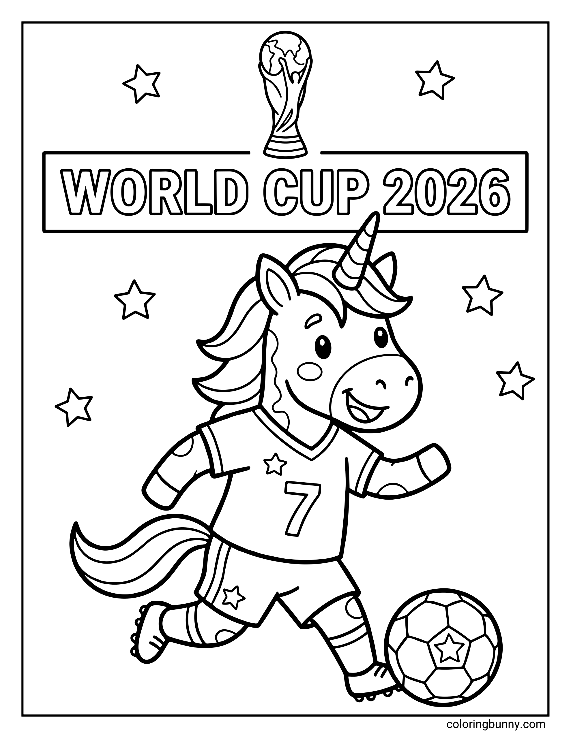 A fun World Cup 2026 coloring page featuring a cheerful unicorn wearing a soccer jersey with the number 7. The unicorn is running with a soccer ball, surrounded by celebratory stars, the trophy and a sign saying 'World Cup 2026'.