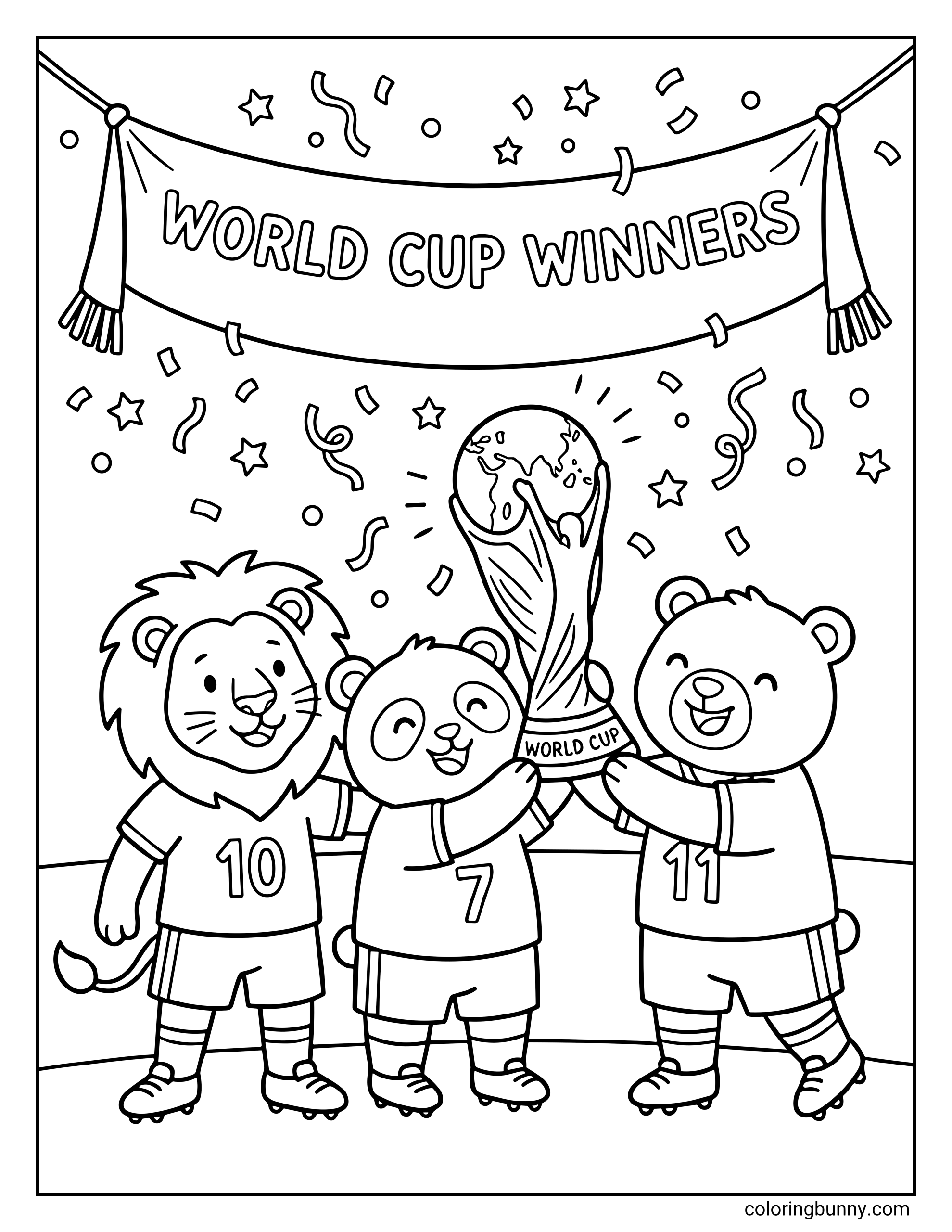 A soccer World Cup 2026 coloring page featuring a lion, a panda, and a bear holding the World Cup trophy together. Confetti and stars fall from the sky beneath a large banner that reads "WORLD CUP WINNERS."