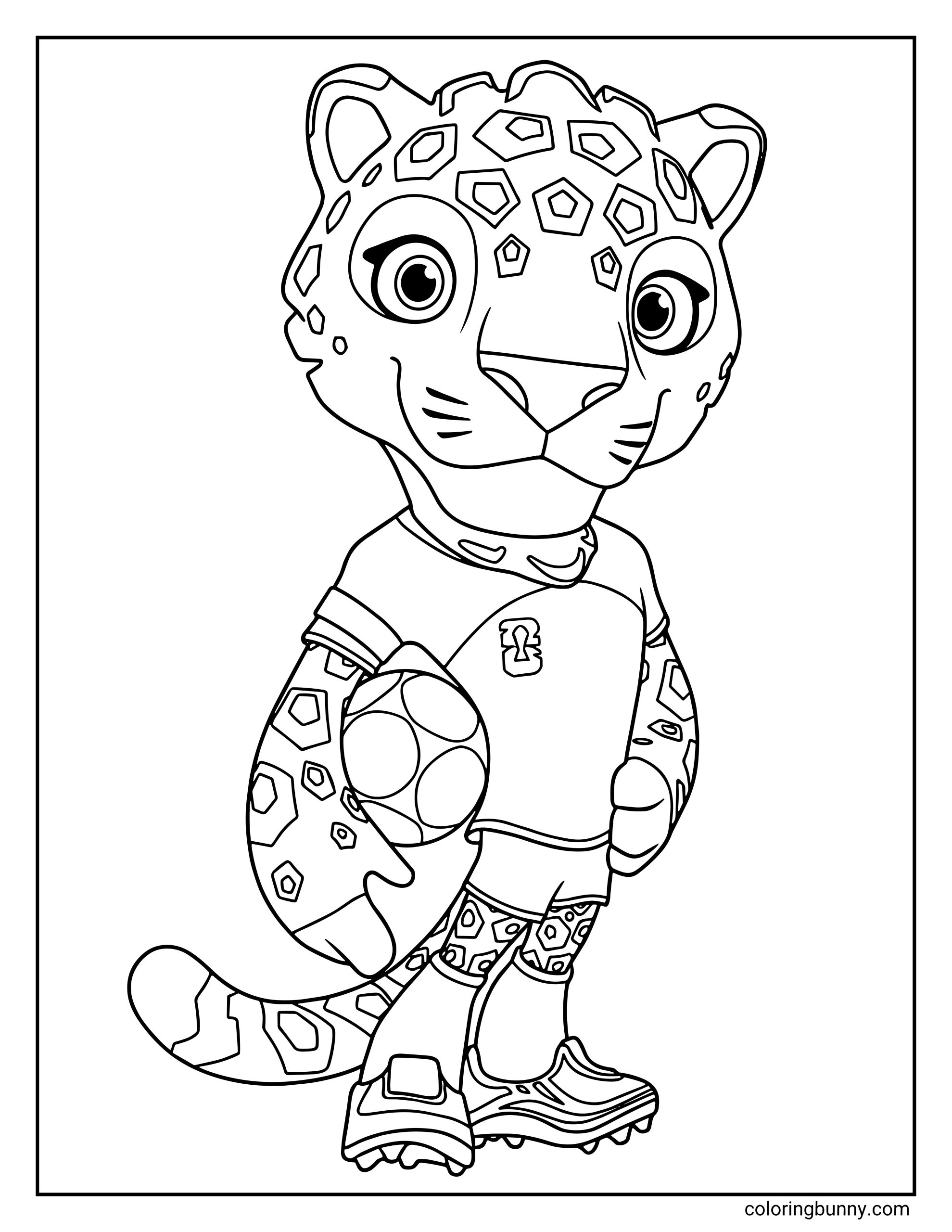 A World Cup 2026 coloring page featuring the official mascot Zayu, a jaguar with intricate spot patterns. He is standing in a soccer uniform, resting one paw on a ball and looking ready for action.