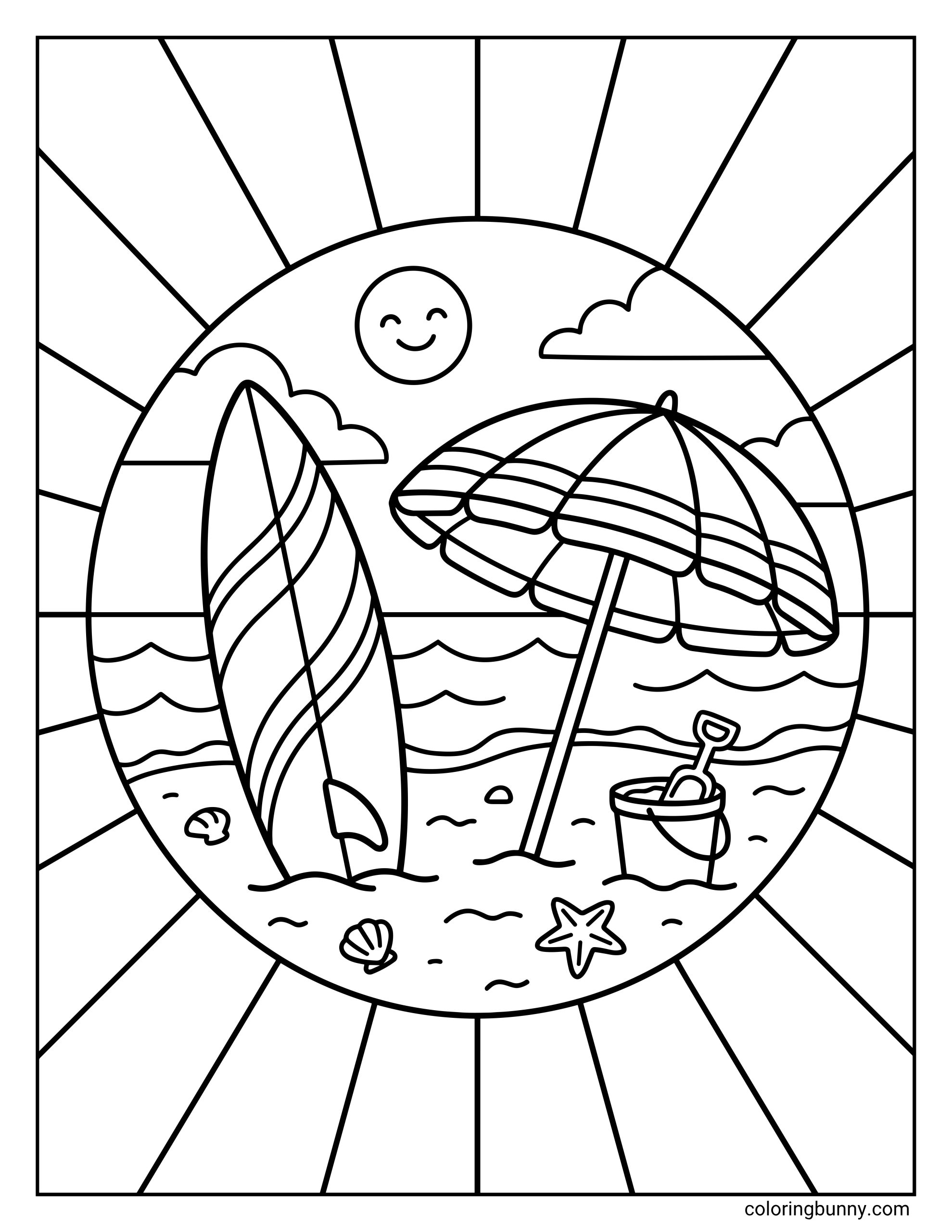 Printable beach coloring page showing an abstract sunburst layout around a circular seaside scene. In the center are a tall surfboard, a beach umbrella planted in the sand, a bucket and shovel, small shells, a starfish, ocean water, clouds, and a smiling sun.