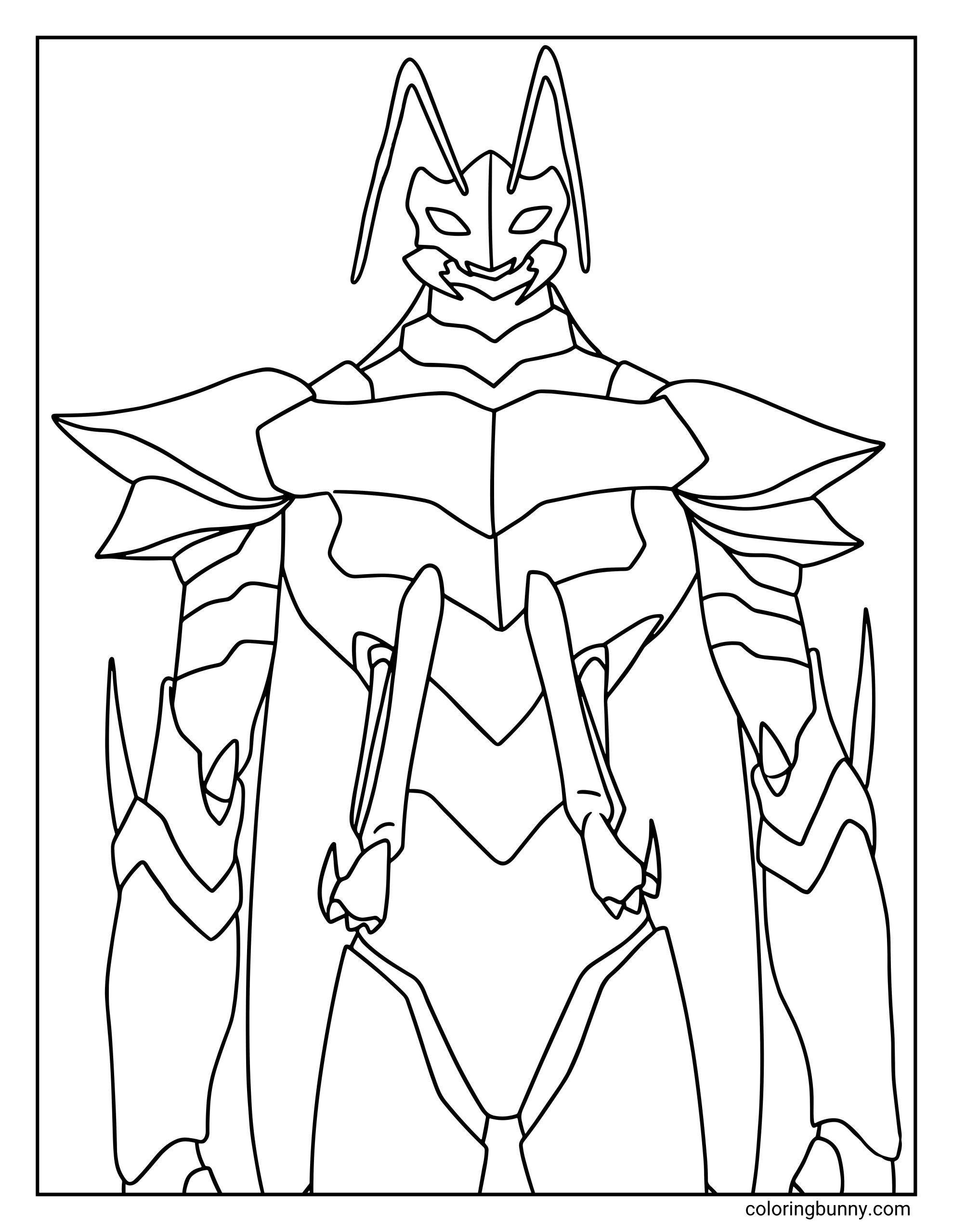 A coloring page of the Ant King, also known as Beru, from Solo Leveling, standing in his imposing humanoid insectoid form.